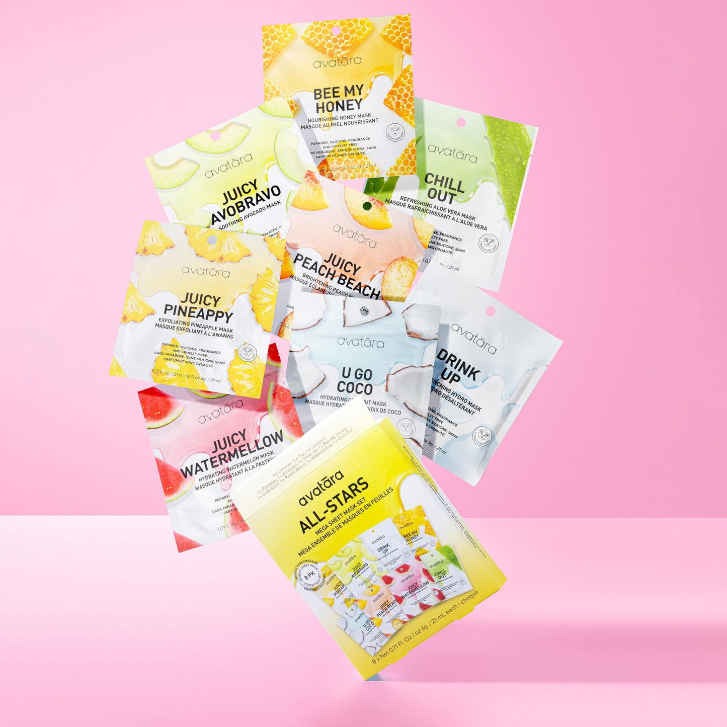 Avatara All-Star Sheet Mask Variety 8-Pack - Hydrating Korean Beauty Face Masks for Tweens and Teens - With Watermelon, Peach, and Aloe - Cruelty-Free, Synthetic Fragrance-Free