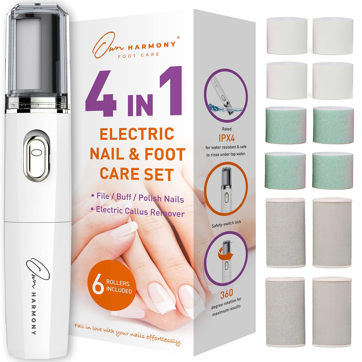Own Harmony Electric Nail Buffer with Callus Remover Foot Care and 12 Rollers Bundle: Manicure Pedicure Tools Shine Kit - Best Electronic Mani Pedi Polisher Set to Buff, Polish, File Thick Toenails