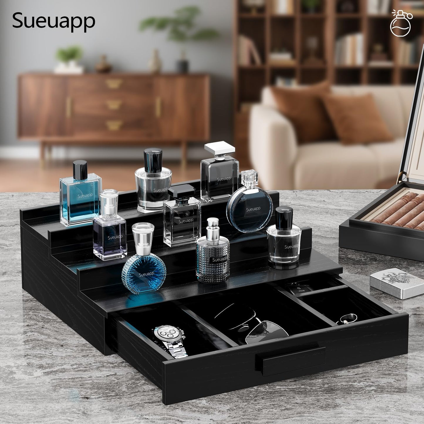 Sueuapp Walnut Wood Cologne Organizer for Men,3 Tier Cologne Stand,Cologne Shelf Display Holder,Perfume Stand Organizer with Hidden Compartment and Drawer,Great Gift for Men,Black