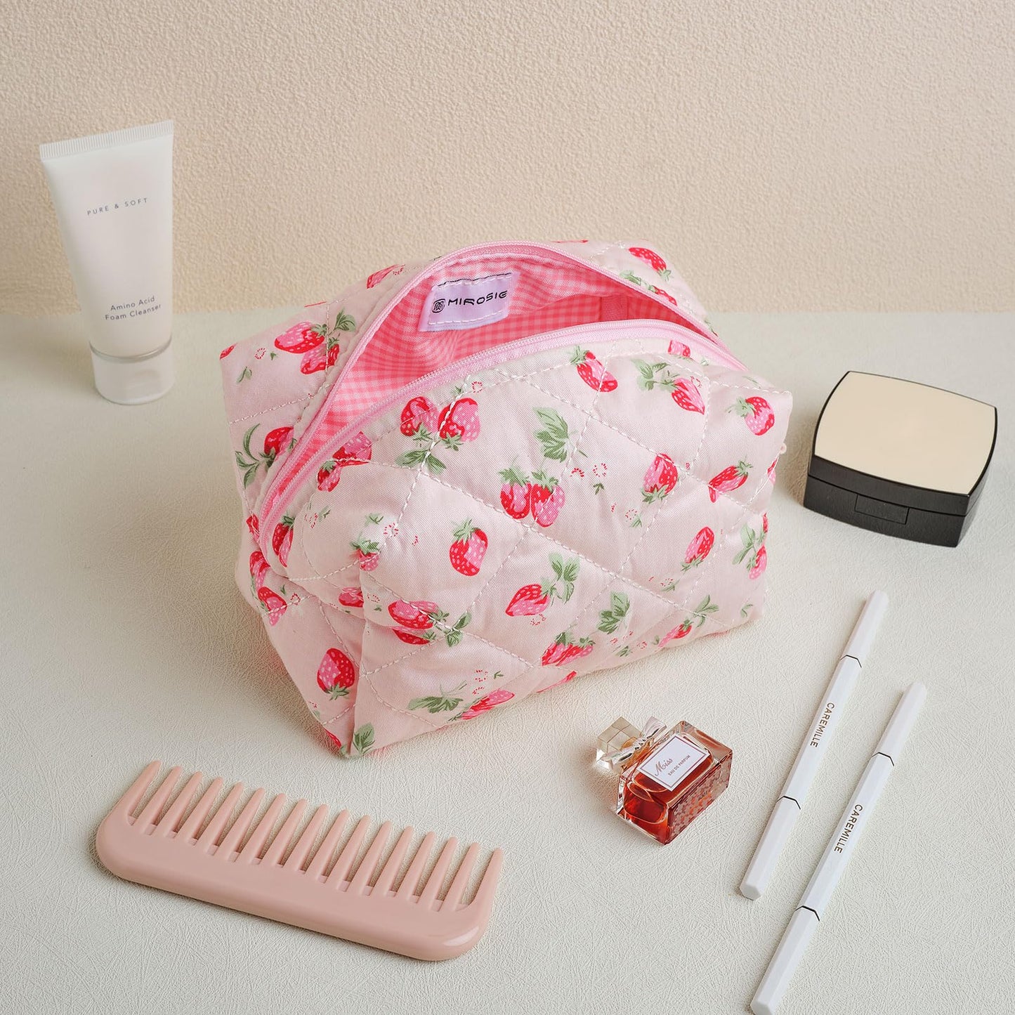MIROSIE Handmade Makeup Bag, Skincare Zipped Organizer Pouch,Cotton Travel Cosmetic Bag,Small Strawberry Beauty Purse for Women Girls, Pink