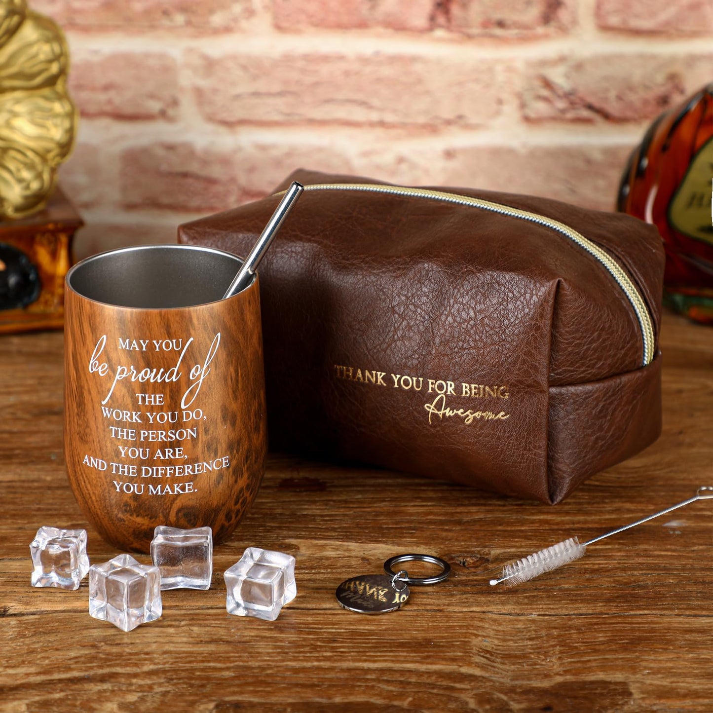 Dandat Set of 3 Male Teacher Appreciation Gifts Travel Leather Toiletry Bag 12oz Stainless Steel Tumbler with Keychain for Coworker Principal Male Nurses Employee Staff