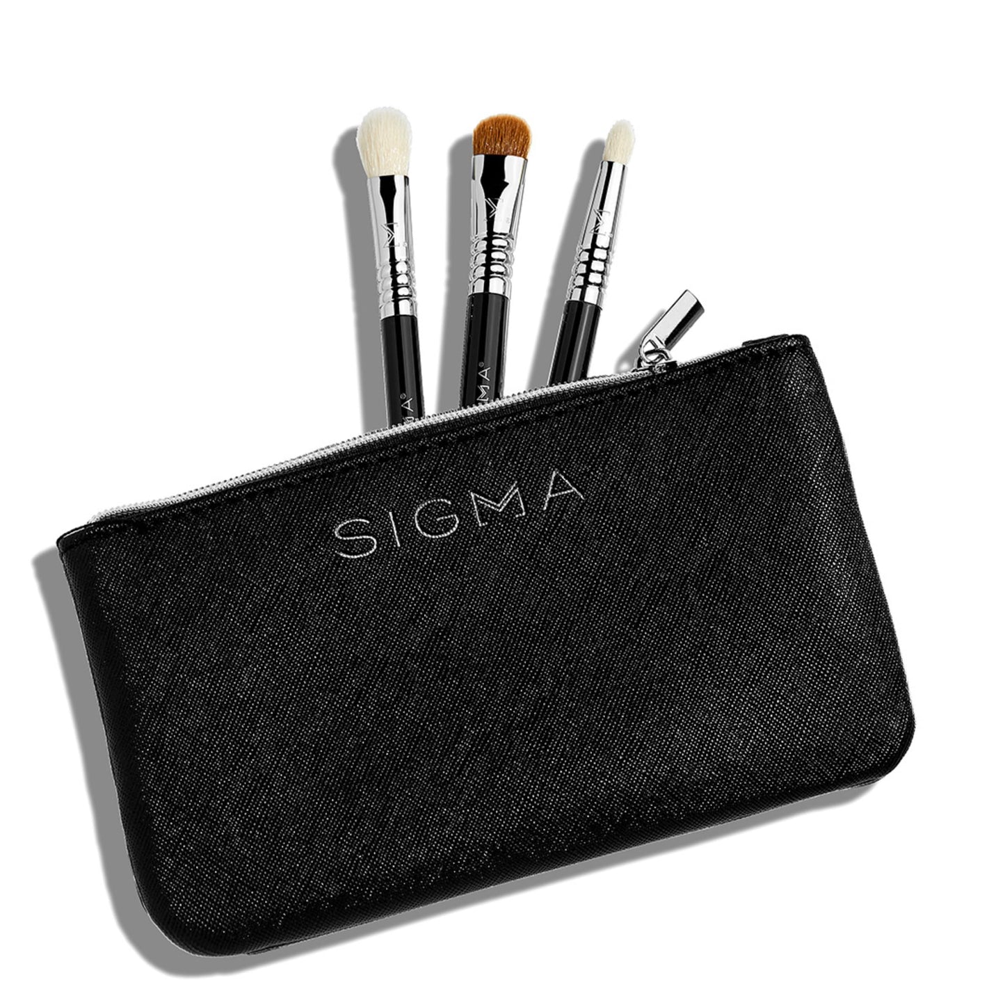 Sigma Beauty Glam ‘N Glow Mini Eye Makeup Brush Set – Set of 3 Eye Makeup Brushes for Blending, Shading, Lining, and Smudging, Includes Stylish Black Small Makeup Bag (4 Pcs)