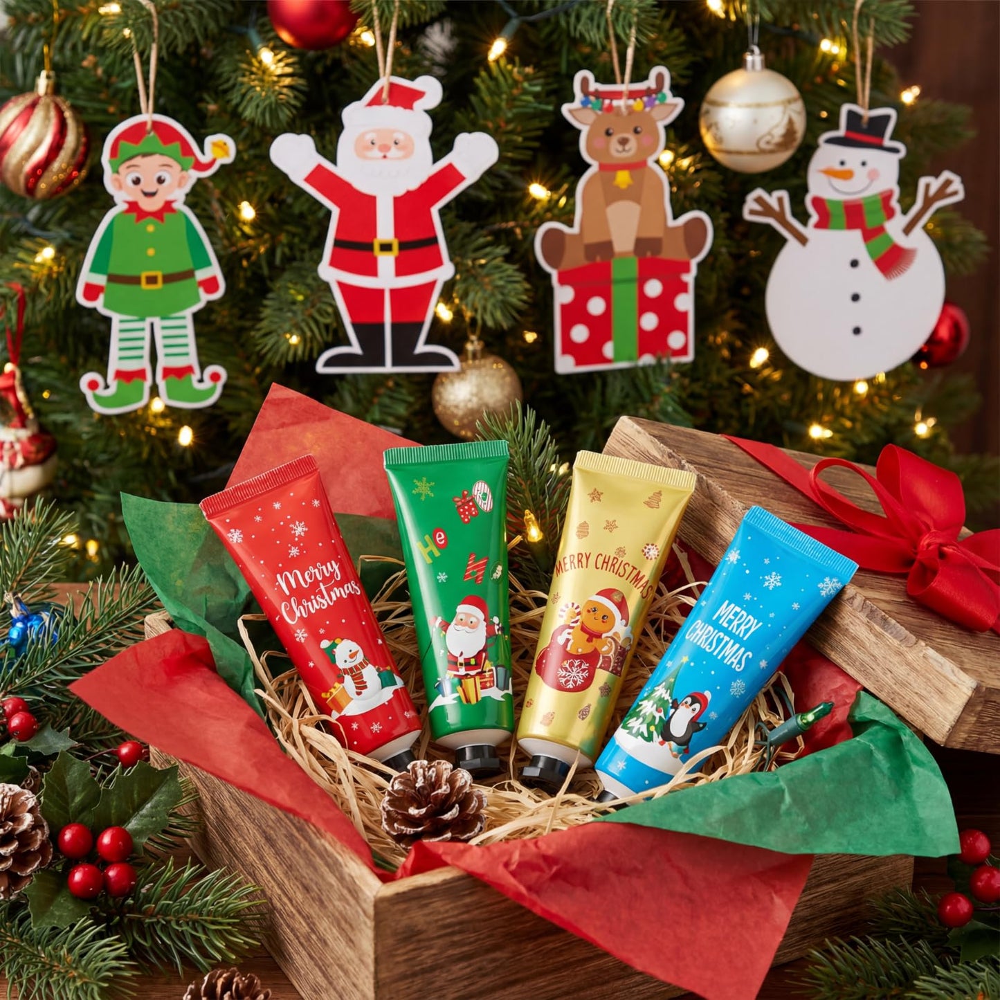 24 Set 48 Pcs Christmas Hand Cream Gift Bulk for Women Coworker Christmas Tree Ornament Hand Lotion Party Favor with Card Ribbon Holiday Decor Stocking Stuffer Gift for Women (Xmas Style)