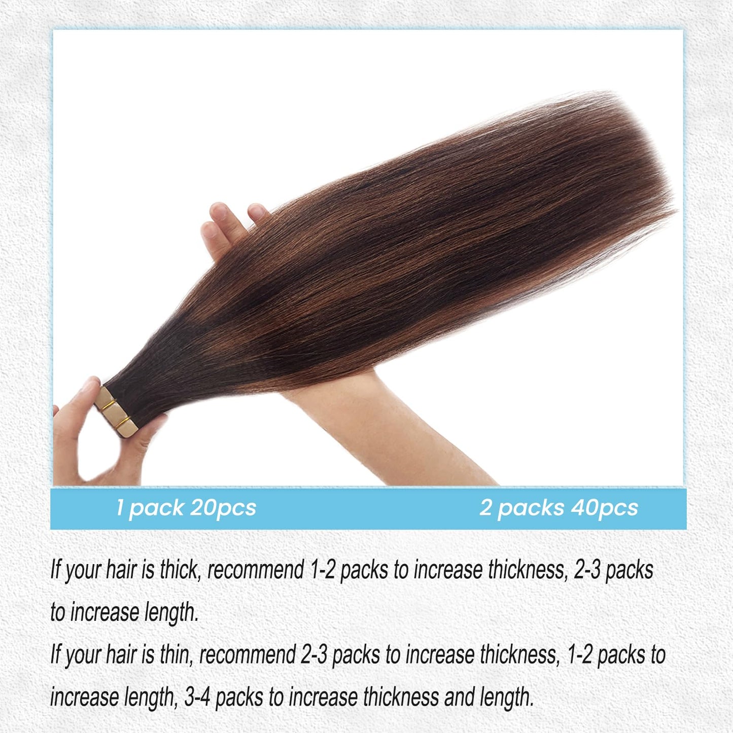 Yaki Straight Human Hair Tape in Extensions, 18 Inch Light Yaki Invisible Tape in Real Human Hair Extensions Natural Black with Chocolate Brown Highlight Seamless Brazilian Remy Extension 50G 20PCS