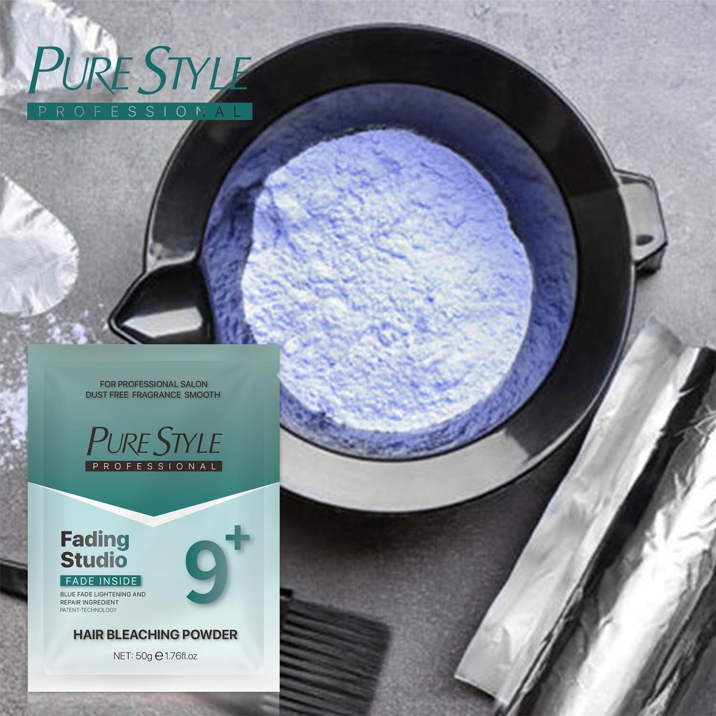 PURESTYLE Professional Ammonia-Free Hair Bleach Powder Packets 50g, Over 9 Levels Blue Fade Technology, Dust-Free & Fragrance Formula Fading Powder, Gentle Quick Bleach Lightener for Dark Hair