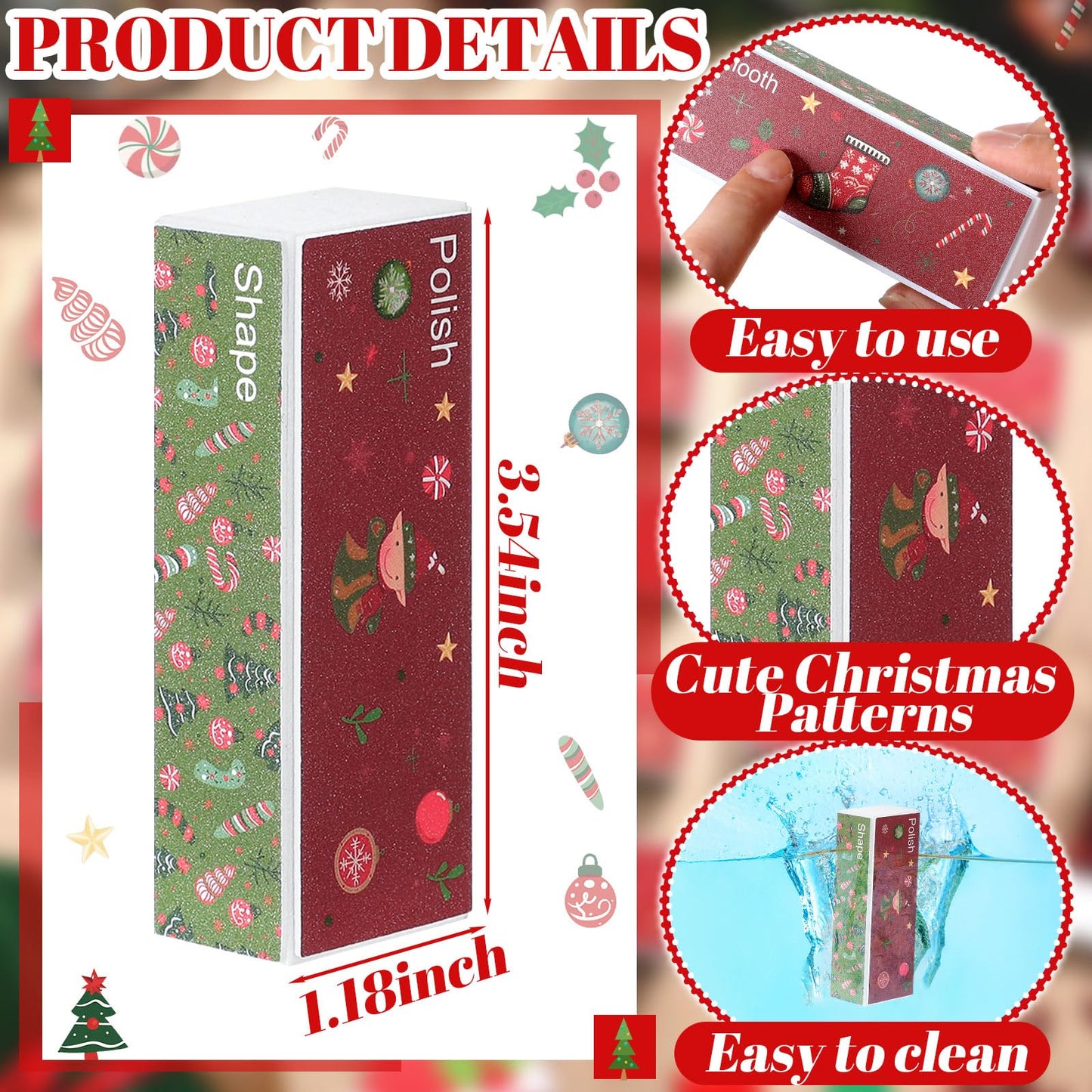 FoldTier 50 Pcs Christmas Nail Buffer Blocks Gifts Bulk Xmas Tree Snowman 4 Way Nail Buffer Files for Natural Acrylic Nails Xmas Party Stocking Stuffers Gifts for Women Customers Coworkers Staff