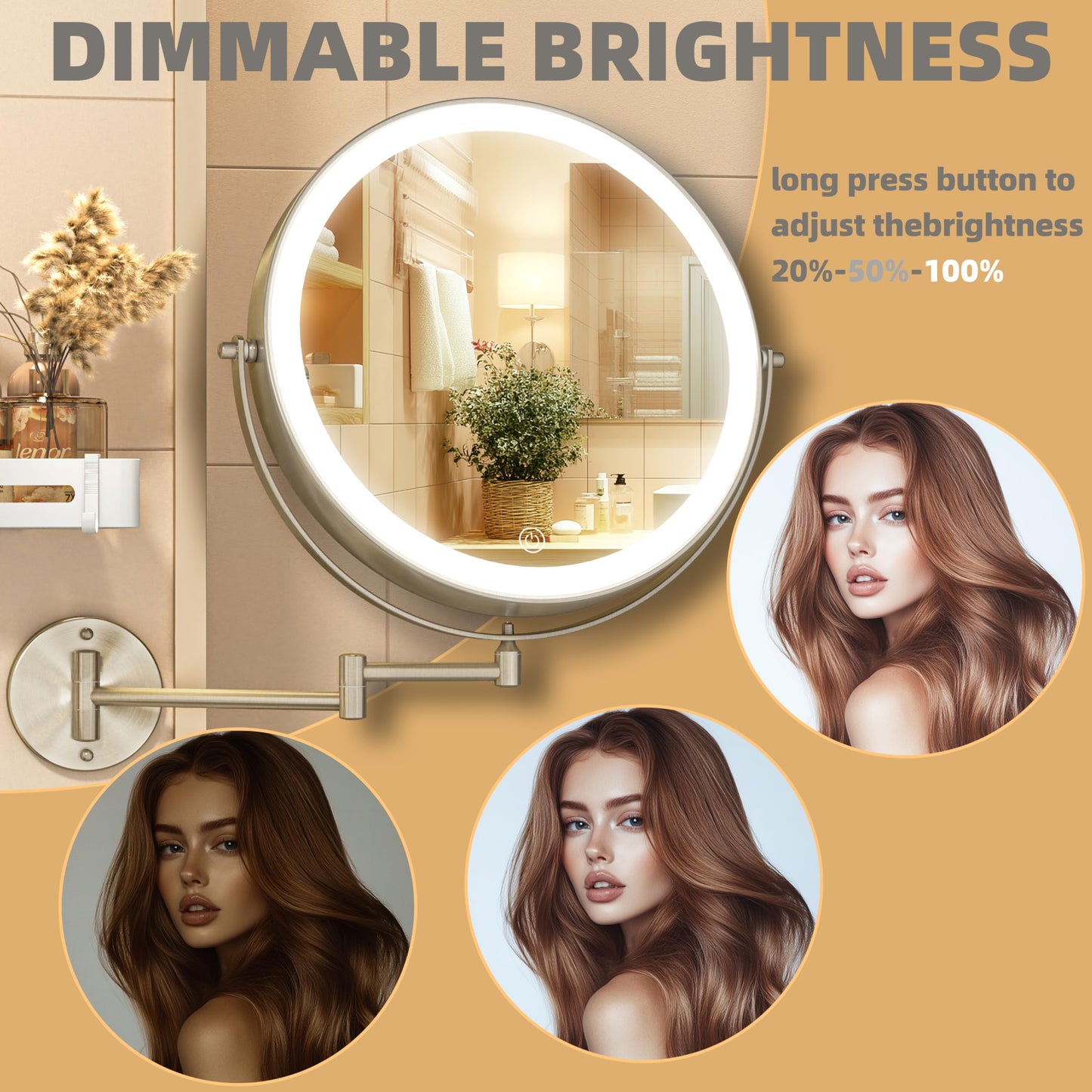 Batuso 8.5" Wall Mounted Makeup Mirror with Light, 2000mAh Rechargeable Double Sided 1X / 10X Magnifying Vanity Mirror, 3 Color Lights Touch Dimmable 360° Rotation Bathroom Mirror, Nickel