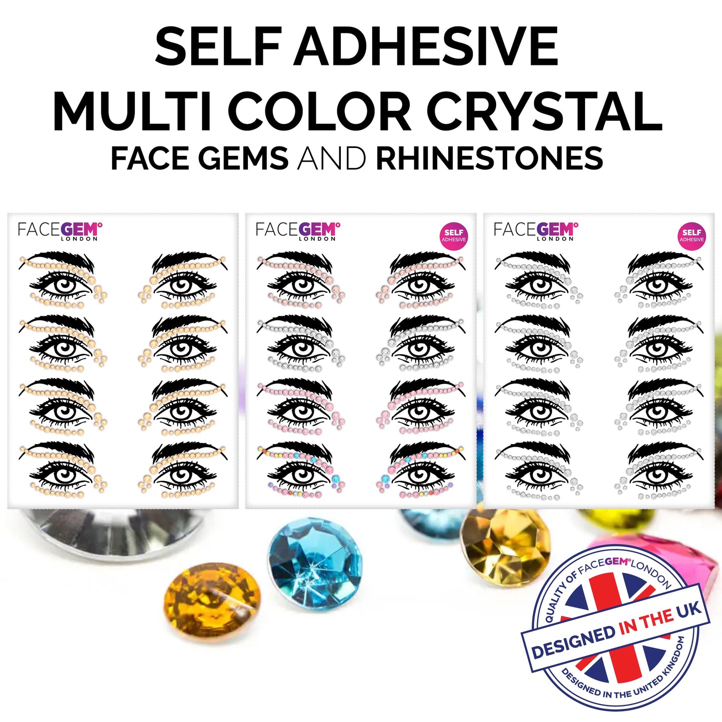 Face Gems – Face Jewels - Self-Adhesive Rhinestone Face Jewels for Makeup, Party & Rave Looks - Eye Gems, Face Glitter, Festival Face Gems, Glitter Tattoo, Self- Adhesive Festival Gems (3 Sheet Mix)