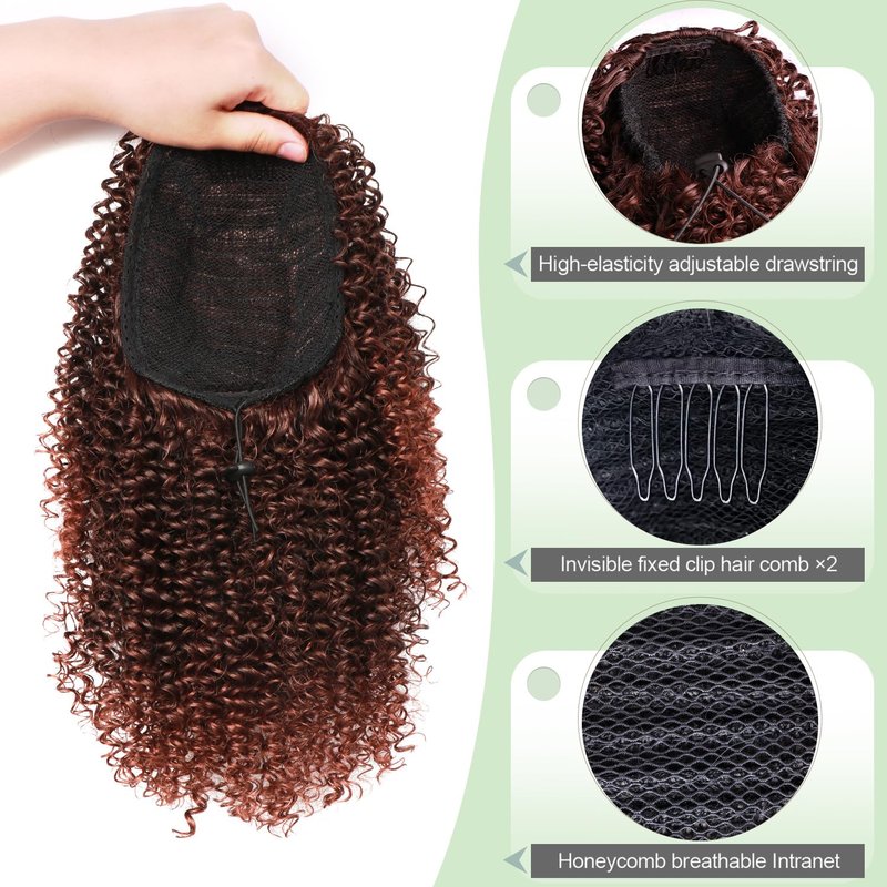 Ponytail Extension - 10 Inch Afro Kinky Curly Drawstring Hairpiece for Black Women | Mix Dark Brown (1B/33#)