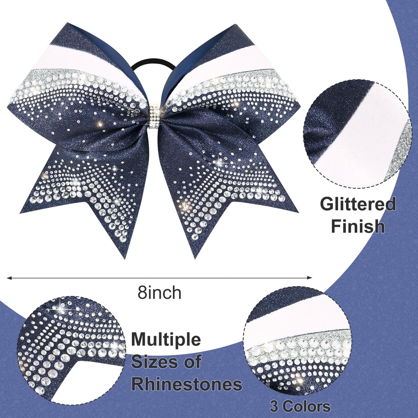 DEEKA 6 PCS 7" Large Glitter Cheer Bows with Shiny Rhinestones Three Color Stiff Hair Bows Elastic Band Ponytail Holder for for Cheerleaders Softball Girls Sports -Navy/Silver/White