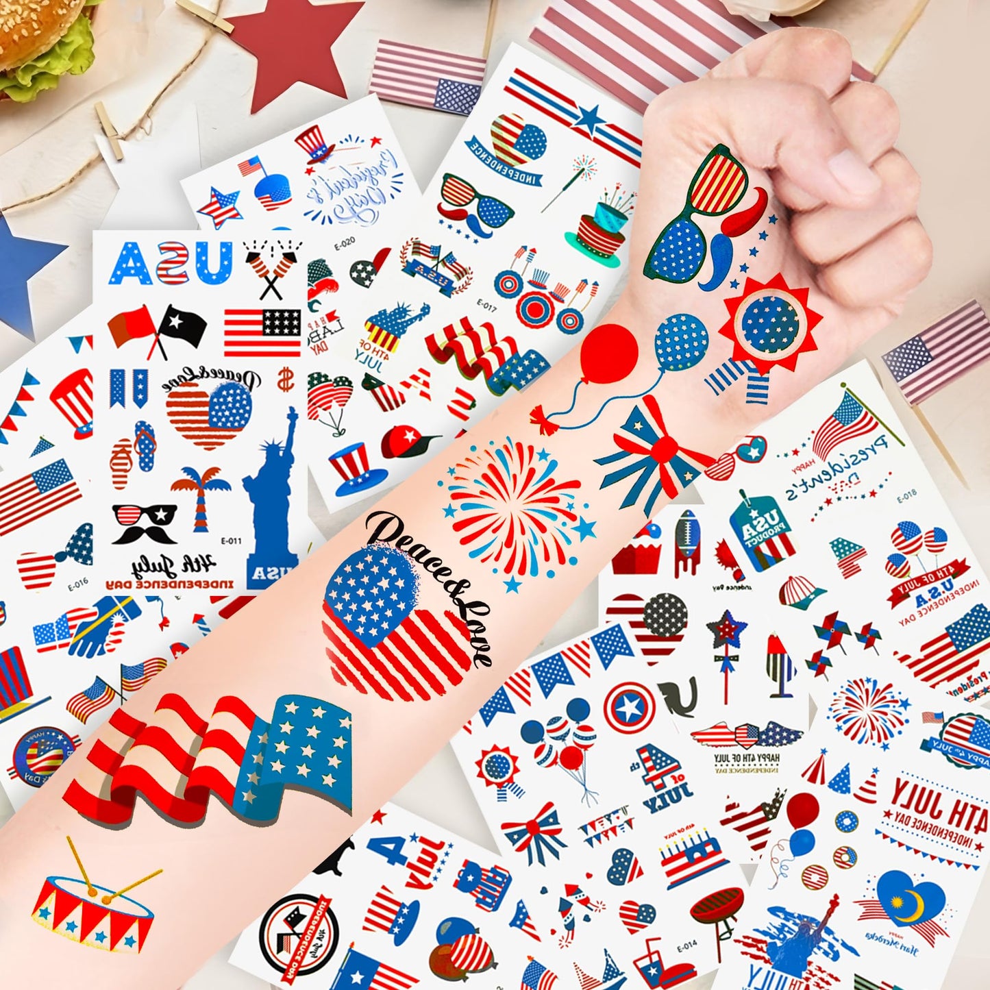 4th of July Tattoos,100PCS 4th of July Temporary Tattoos,Fourth of July Accessories,Red White and Blue Party Supplies Independence Day 2.7x 4.8 inches 10 Sheets