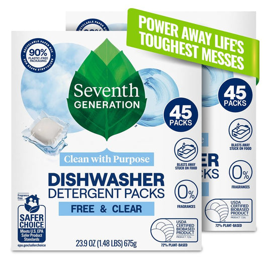 Seventh Generation Dishwasher Detergent Packs, Free & Clear, 45 Count, Pack of 2, Plant Powered Cleaning, Fights Greasy Reside & Stuck-On Food For Sparkling Dishes, Fragrance-Free & Septic Safe