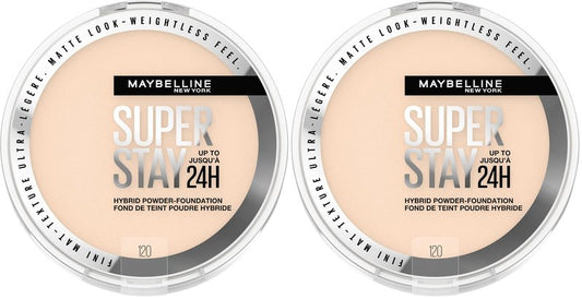 Maybelline Super Stay Up to 24HR Hybrid Powder-Foundation, Medium-to-Full Coverage Makeup, Matte Finish, 120, 1 Count (Pack of 2)