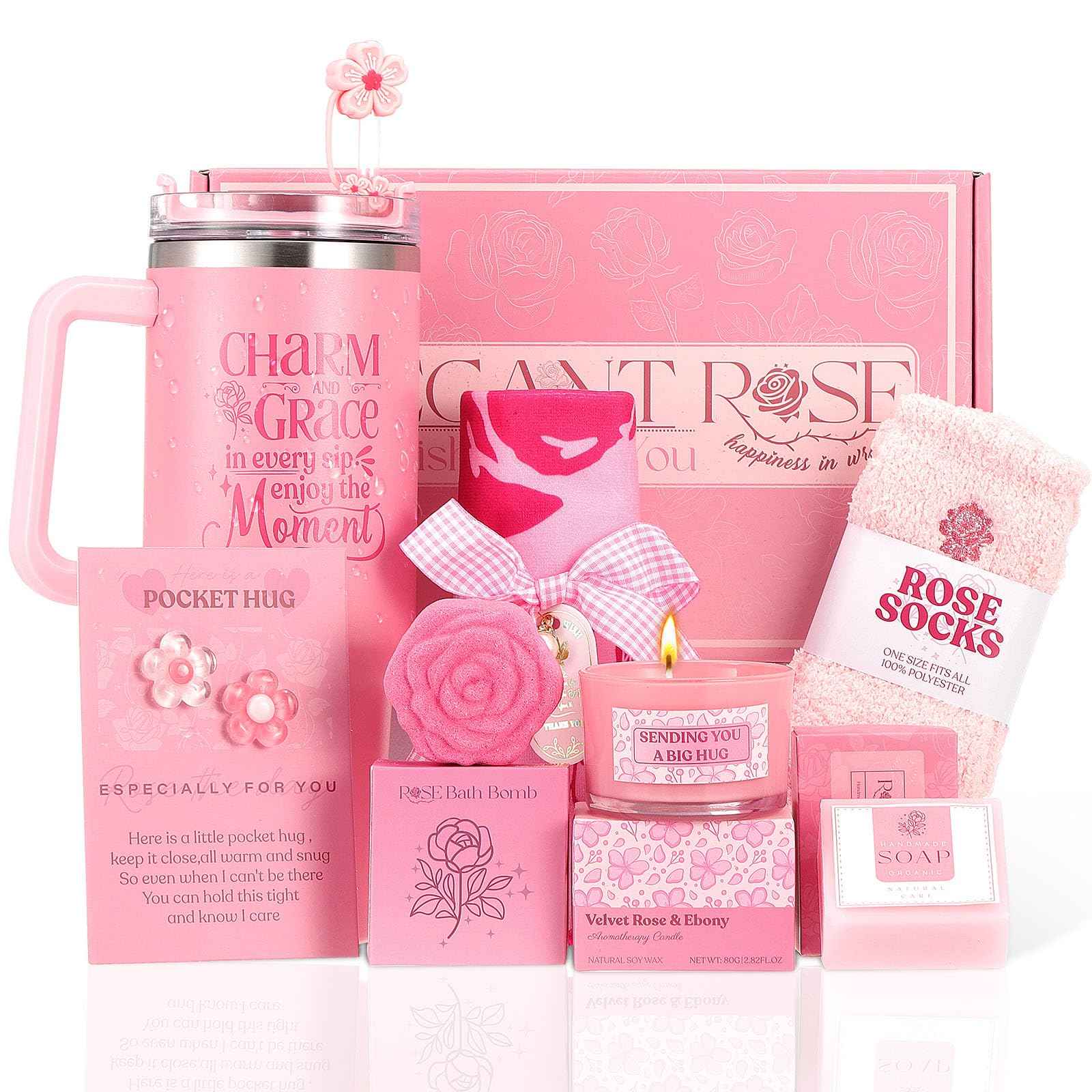 Self Care Gifts for Women Birthday Gift - Get Well Gifts Basket Thank You Gifts, Rose Relaxing Spa Gift Basket Self Care Package for Women Her Mom Friend Wife Sister Best Friend Coworker Nurse Teacher