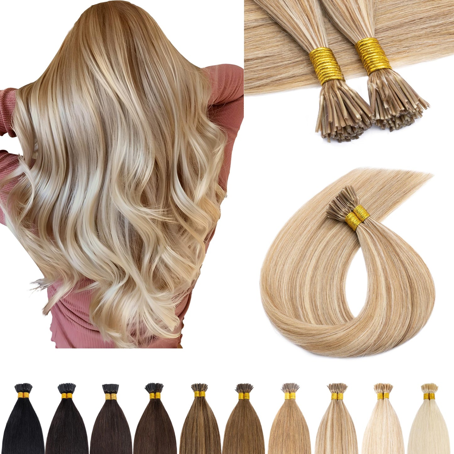 SEGO I Tip Hair Extensions Human Hair Keratin Pre Bonded MicroBeads Tip Balayage Natural Silky Straight Extensions 100 Strands 50g/Pack -16 Inch Golden Brown&Bleach Blonde