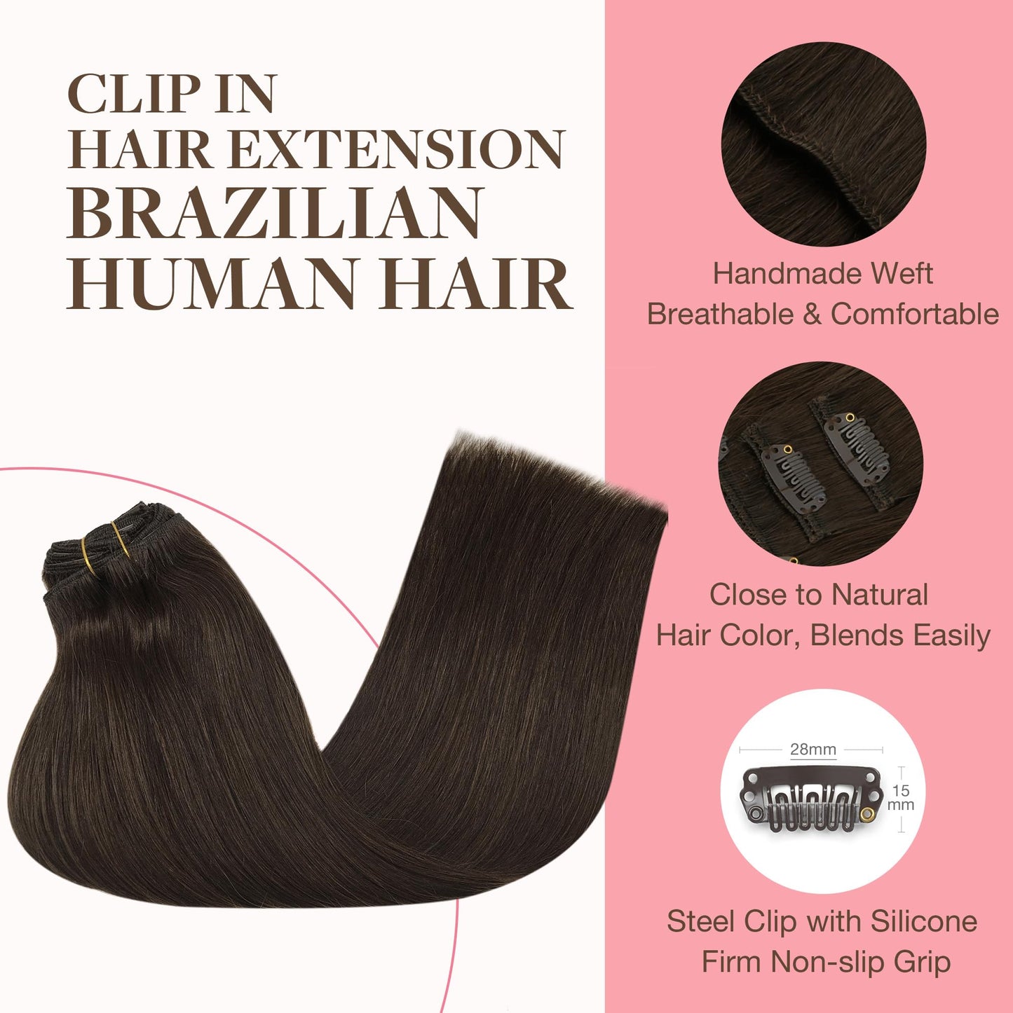 GOO GOO Clip in Hair Extensions Real Human Hair, Remy Human Hair Extensions Clip ins for Women, Natural Human Hair, 12inch 85g 7Pcs, 2A Light Brown