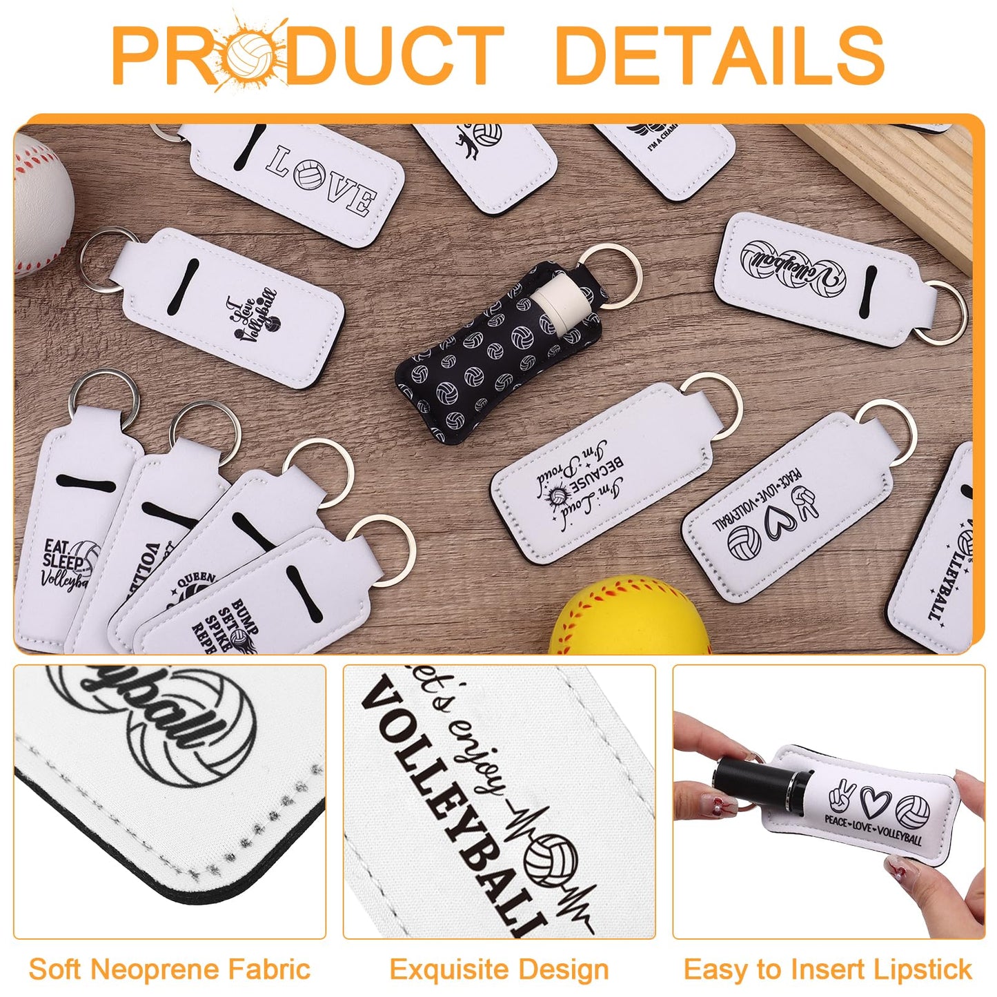 Haiabei 20Pcs Volleyball Lipstick Holder Keychains Bulk Volleyball Lipstick Balm Holder Keychain Clip-on Lipstick Sleeve Pouch Volleyball Portable Wristlet Keychain Lanyard