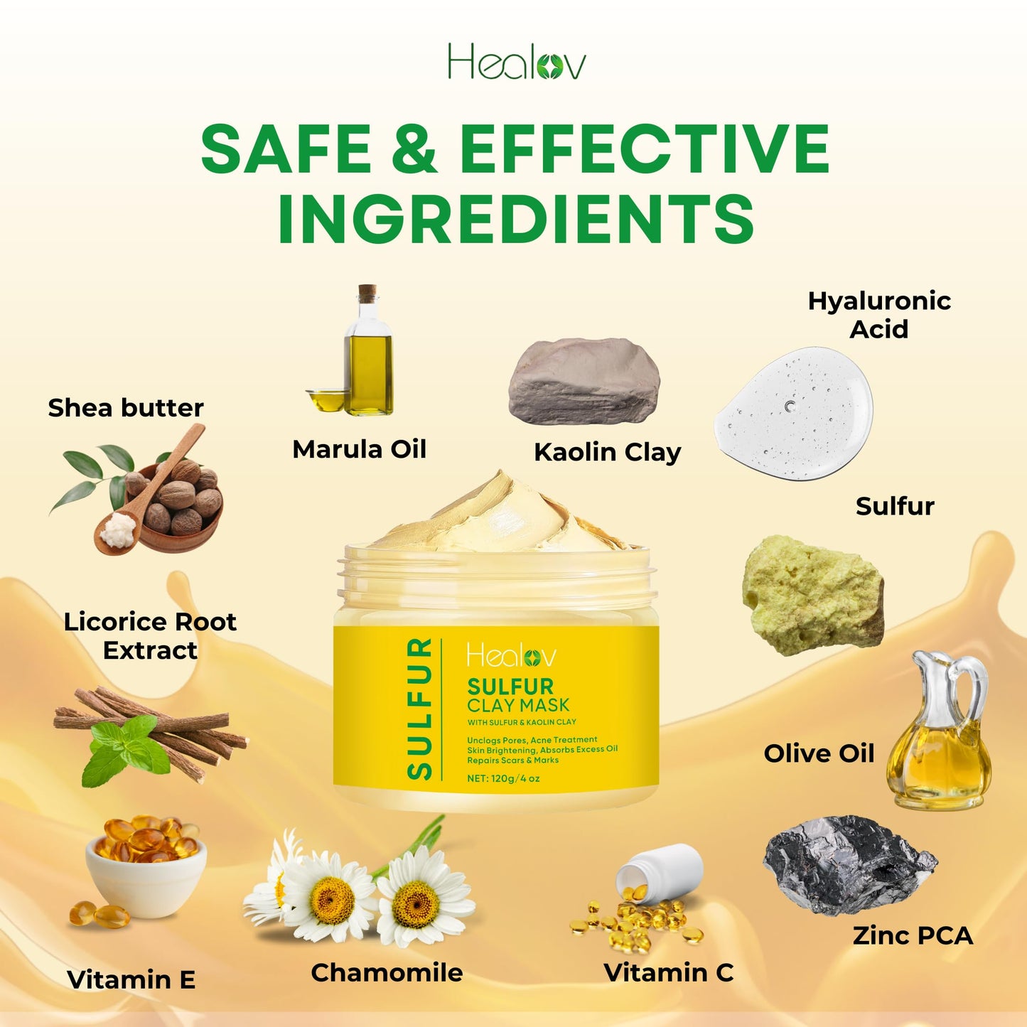 Healov Sulfur Face Mask – All Natural Sulfur Facial Clay Mask – Glowing Skincare For Acne, Spots, Oily Skin – Sulfur Acne Cream Absorbs Excess Oil and Unclogs Pores – Kaolin Mask Treatment