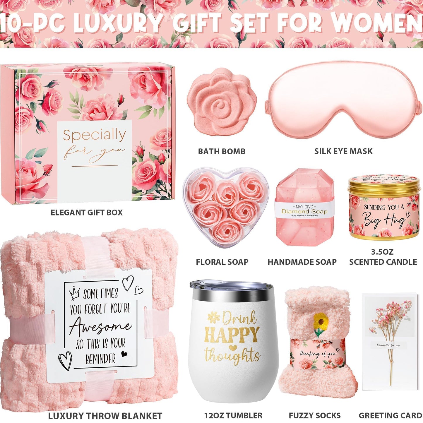 Mothers Day Birthday Gifts for Women Self Care Gift, Rose Spa Gift Baskets Bath Set Get Well Soon Care Package Easter Gifts for Women Mom Her Sister Friend Wife Grandma Teacher Nurse w/ Blanket