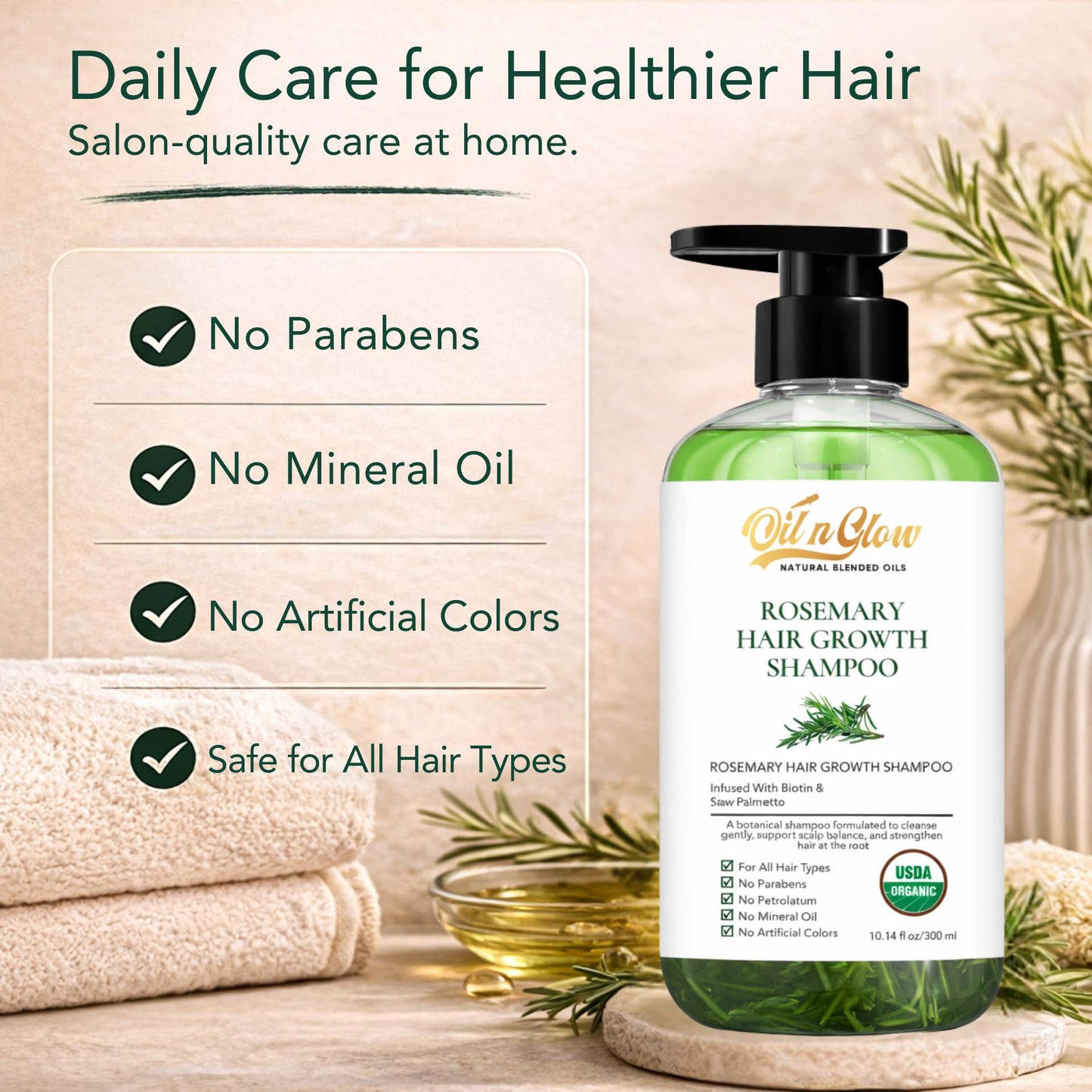 OilnGlow USDA Organic Rosemary Shampoo For Hair Growth For Thickening & Strengthening for Men & Women with Biotin, Scalp DHT Blocker Saw Palmetto For Thinning Hair Loss 10 Fl. Oz- Fragrance Free