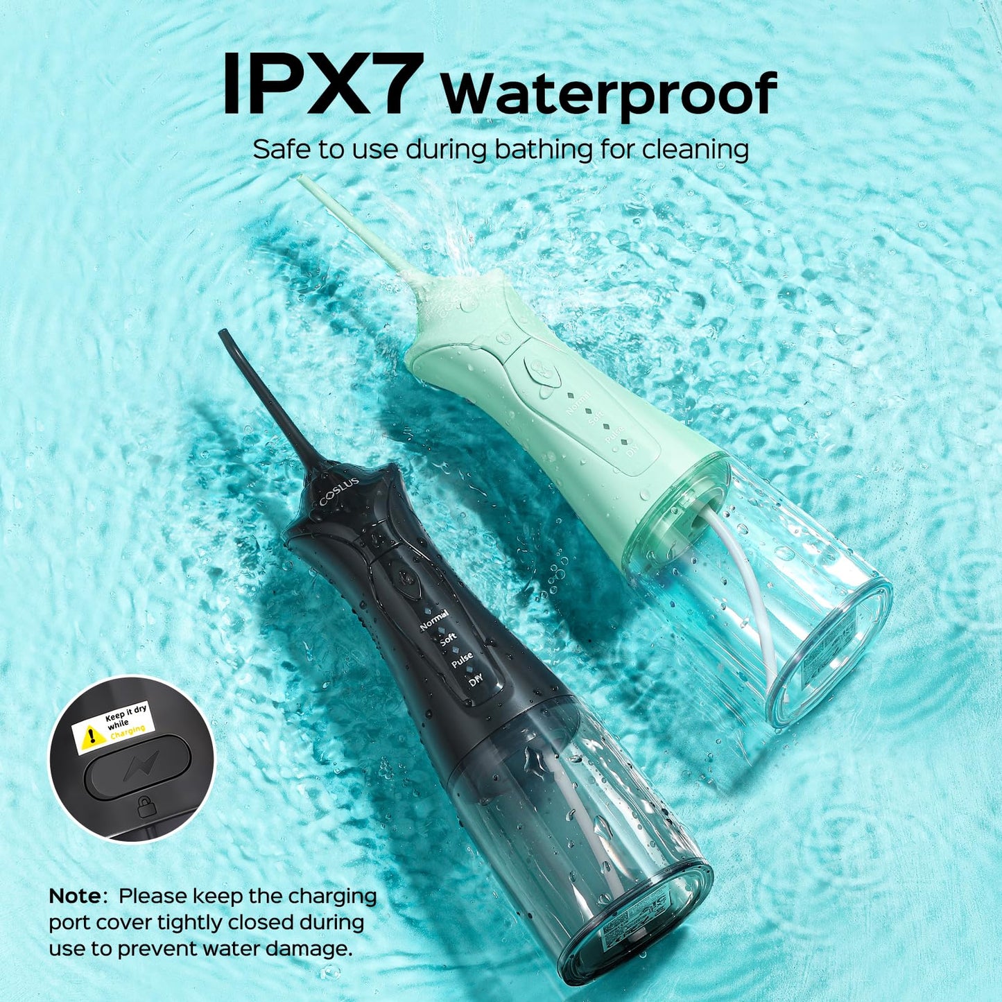 COSLUS C30 Water Dental Flosser Pick for Teeth: 4 Modes Cordless Portable 300ML Larger Tank Water Teeth Cleaner IPX7 Flossing Cleaning Picks for Home Travel Black Green 2pcs Portable Set