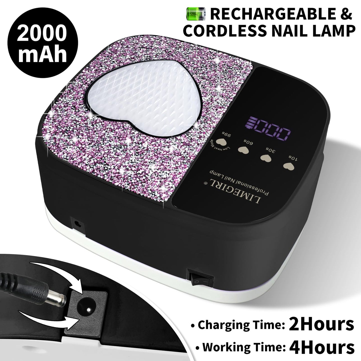 LIMEGIRL UV LED Nail Lamp Kit for Gel Polish Professional Fast Curing Black Dryer Light Set with 4 Timer Settings Cordless Rechargeable Nail Art Cure Machine for Manicure Pedicure at Home and Salon