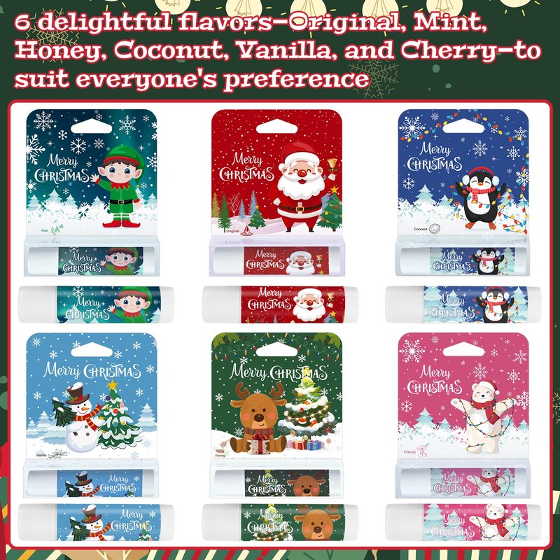 Kuabiz 48 Pcs Christmas Lip Balm Gifts Bulk Cute Stocking Goodie Bags Stuffers 6 Flavors Holiday Small Gifts Xmas Party Supplies Moisturizer Butter Care