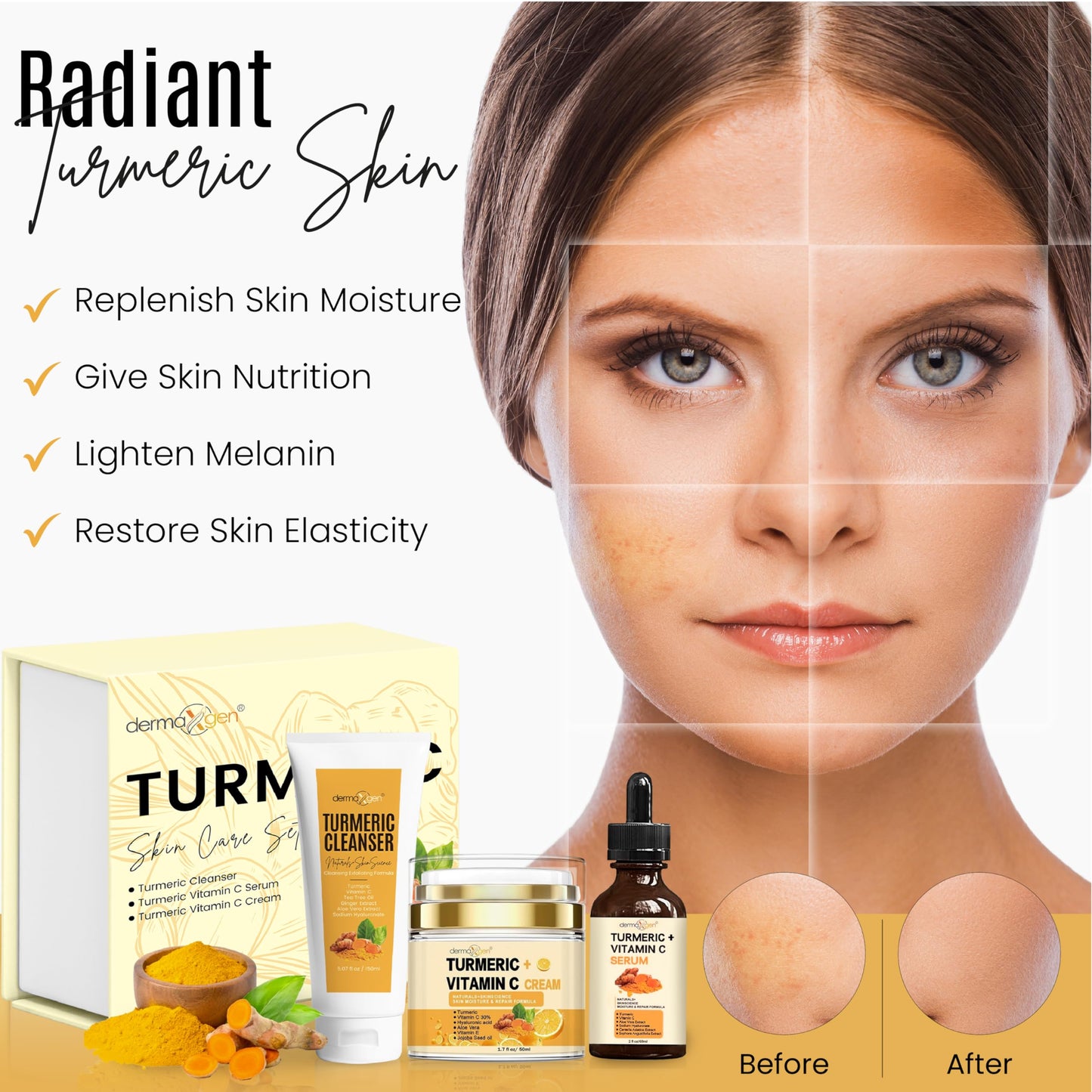 Dermaxgen Turmeric Complete Facial Care Kit - Organic Glowing Skin Anti-Aging, Rejuvenating, Boosting Collagen & Hydrating - Day & Night Brightening Skincare Gift Set
