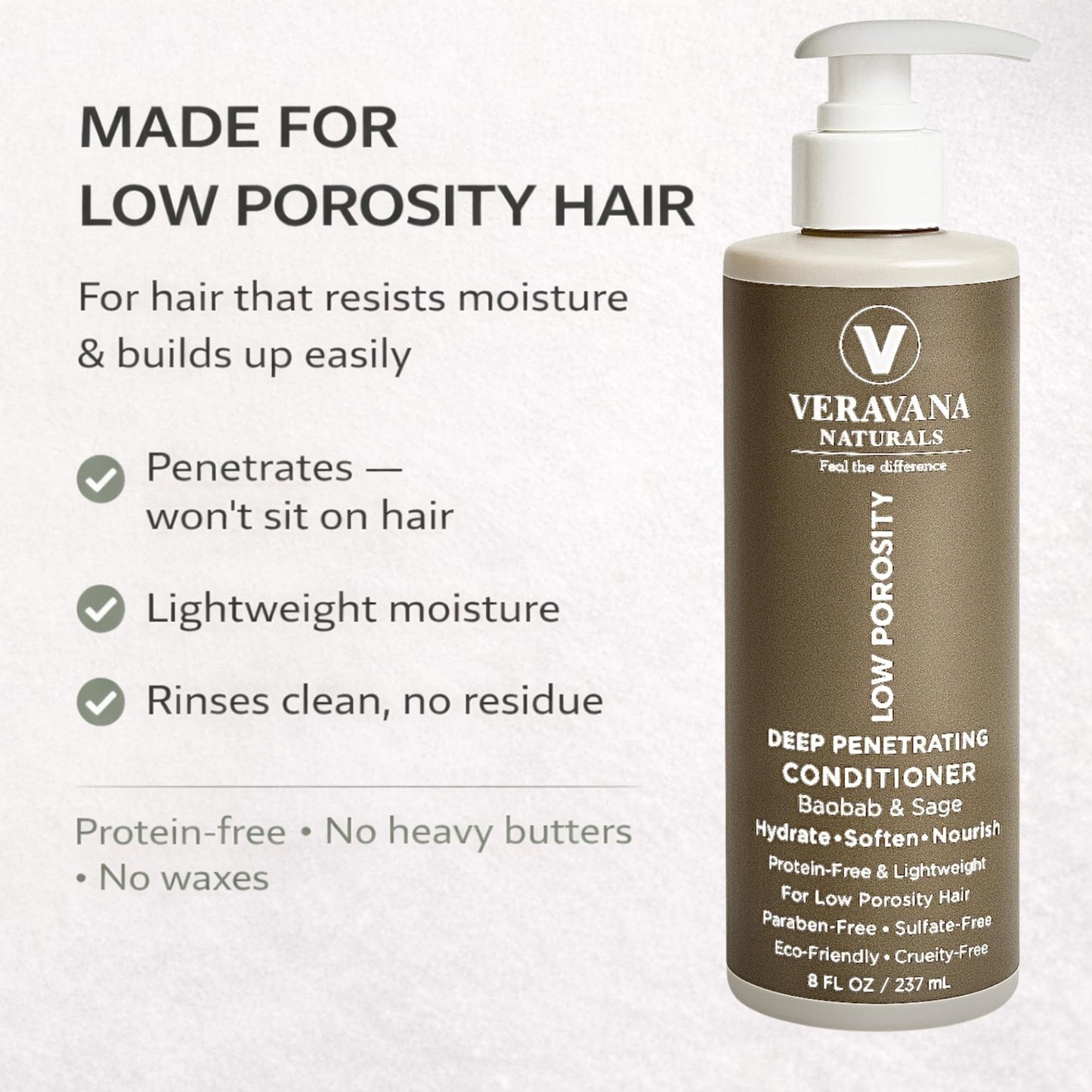 Veravana Naturals Low Porosity Deep Conditioner with Baobab & Sage, Protein-Free Lightweight Conditioner, 8 fl oz