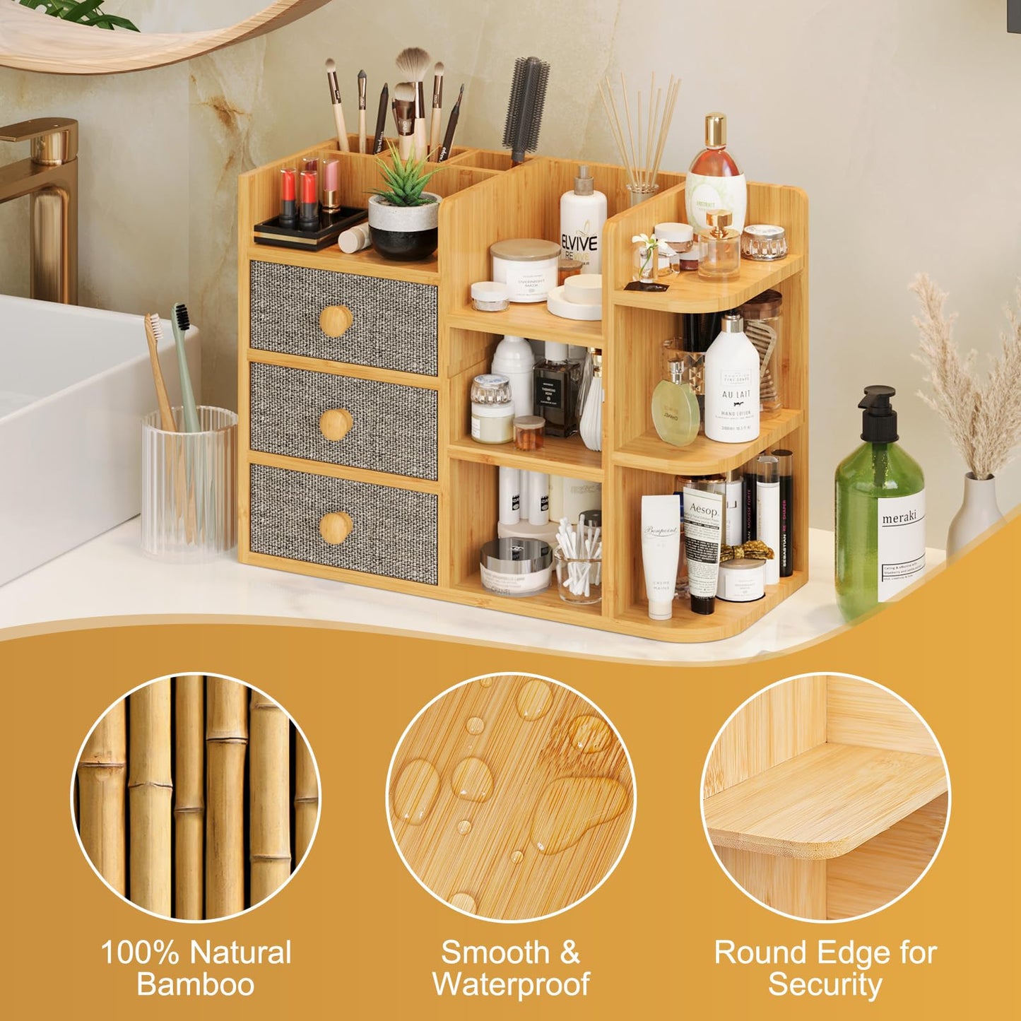 Large Makeup Organizer Countertop For Vanity Dresser, Bamboo Bathroom Counter Organizers And Storage,Cosmetic Skincare Perfume Organizer With 3 Makeup Brush Holder/2 Drawers/5 Shelves /8 Compartments