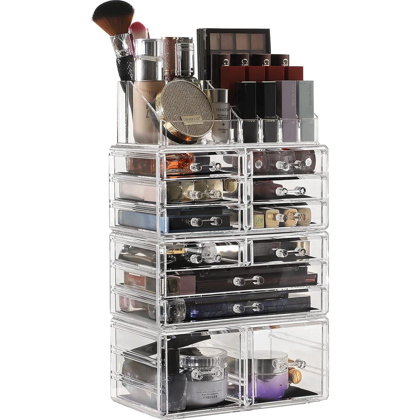 Clear Acrylic Makeup Organizer - 4 Pack Stackable 12 Drawer Skincare Storage | Cute Vanity Organizer for Hair Clips, Jewelry & Beauty Products