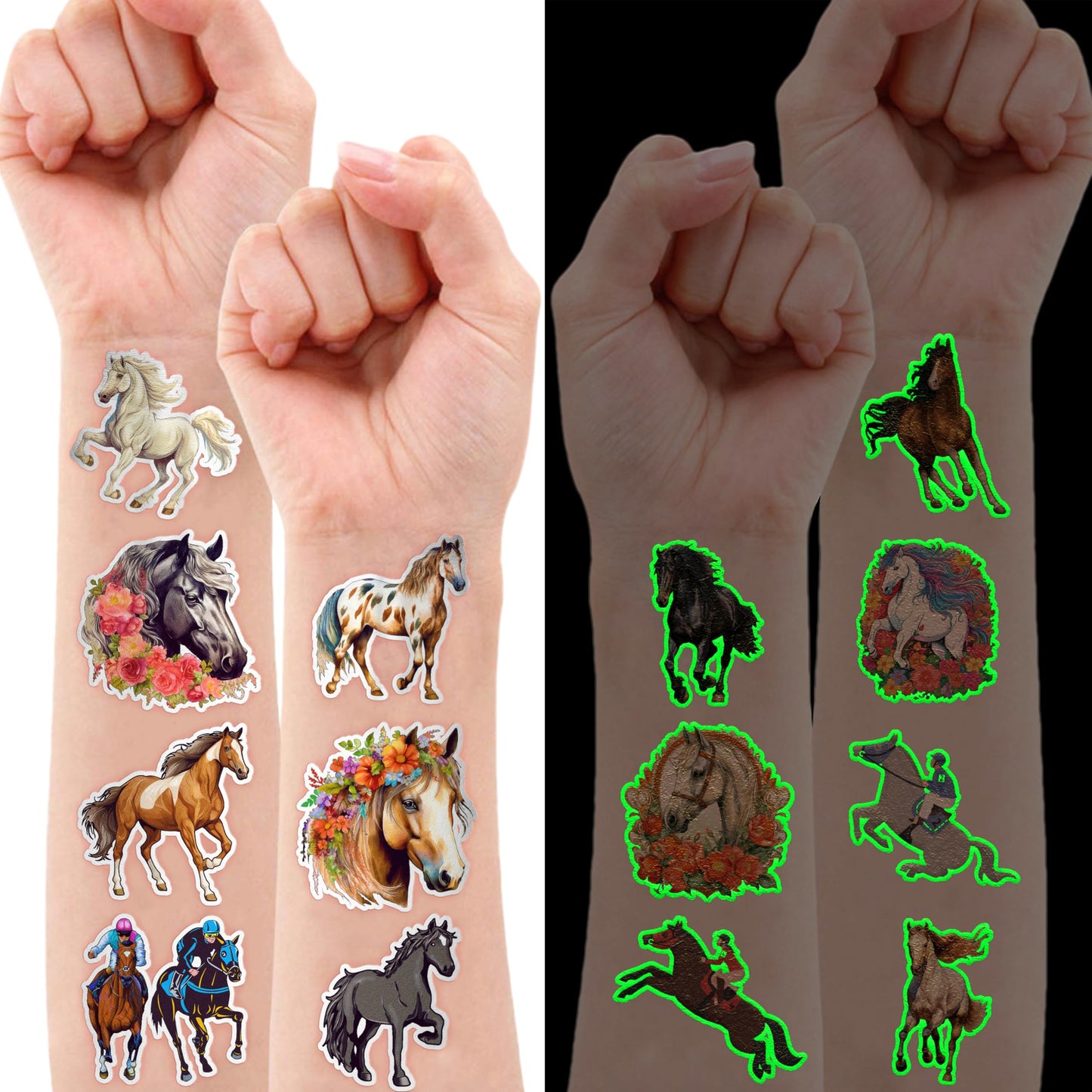 96 PCS Floral Cowgirl Horse Derby Pre-Cut Temporary Tattoos Birthday Party Favors Decorations Supplies Stickers Racing Pink Wild Horse Rodeo Cowboy Girls Boys Men Gift School Prizes Rewards (Luminous)