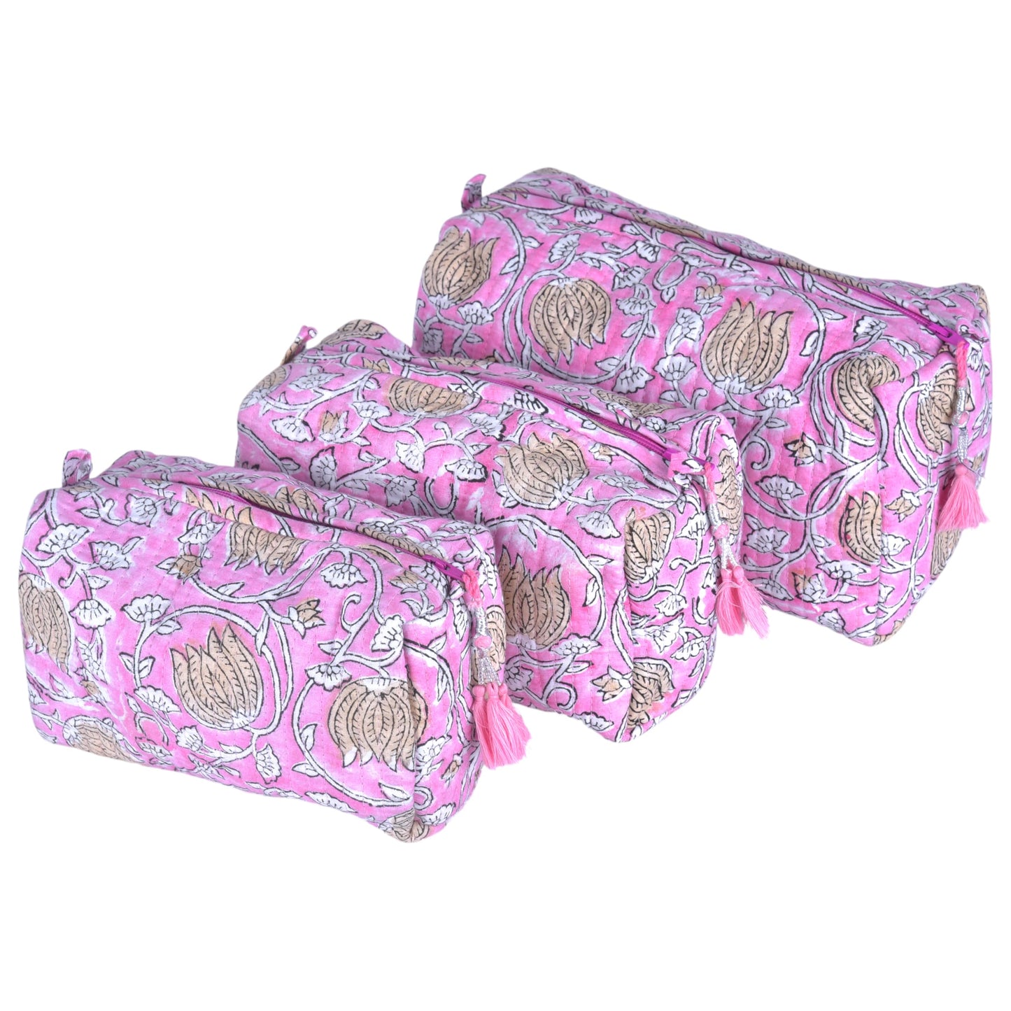 Quilted Floral Block Print Makeup Bag Set of 3 – Cotton Travel Toiletry and Makeup Organizer, Cosmetic Pouch, Toiletry Bag for Women, Cute Boho Coquette Make Up Bags for Women (Small, Medium, Large)