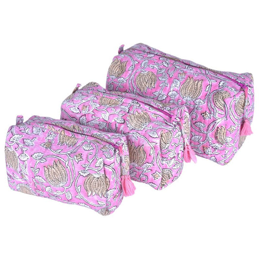 Quilted Floral Block Print Makeup Bag Set of 3 – Cotton Travel Toiletry and Makeup Organizer, Cosmetic Pouch, Toiletry Bag for Women, Cute Boho Coquette Make Up Bags for Women (Small, Medium, Large)