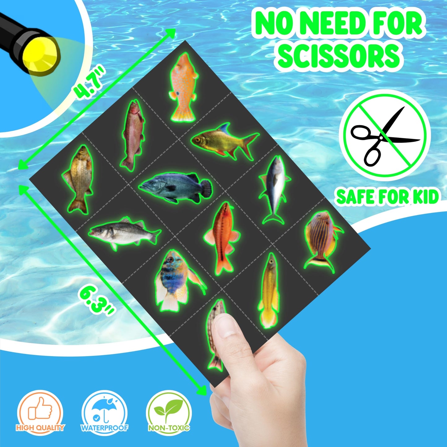 96PCS Fishing Pre-Cut Temporary Tattoos - Fish Lake Funny Fish-Themed Stickers for Kids' Birthday Party Supplies, Decorations, Favors, and Prizes - Cute Gifts for Boys and Girls (Glow in the dark)