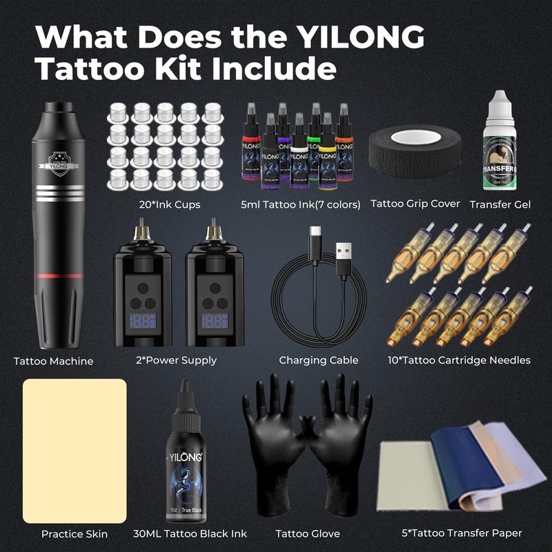Wireless Tattoo Kit for Beginners - Tattoo Machine with 2pcs 1200 mAh Capacity Power Supply, Tattoo Pen Kit with 10Pcs Tattoo Cartridge Needles Transfer Papers and 2mm Tatoo Practice Skin
