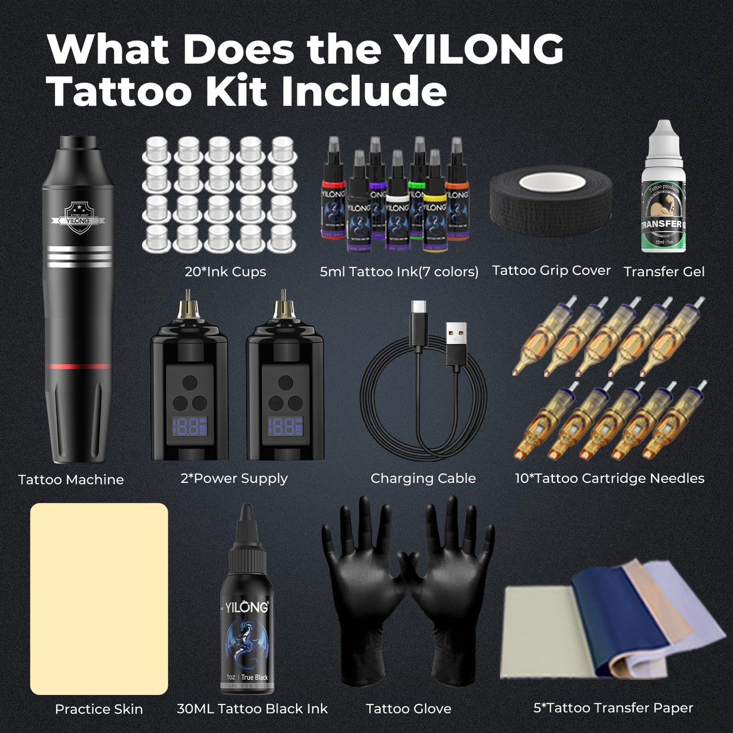Wireless Tattoo Kit for Beginners - Tattoo Machine with 2pcs 1200 mAh Capacity Power Supply, Tattoo Pen Kit with 10Pcs Tattoo Cartridge Needles Transfer Papers and 2mm Tatoo Practice Skin