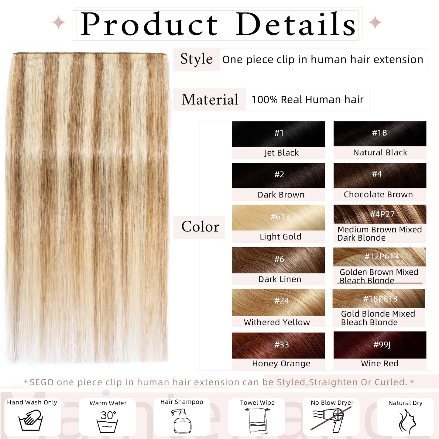 SEGO One Piece Clip in Extensions, 5 Clips Real Human Hair Extensions, Long Straight, 10 inches, #18P613 Ash Blonde Mix Bleach Blonde