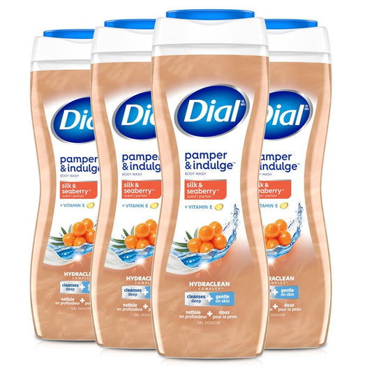 Dial Body Wash, Hydraclean Complex & Vitamin E, Gentle, Leaves Skin Feeling Nourished, Dermatologist-Tested, No Parabens & Sulfates, Pamper & Indulge, Silk & Seaberry, 16 fl Oz (Pack of 4)