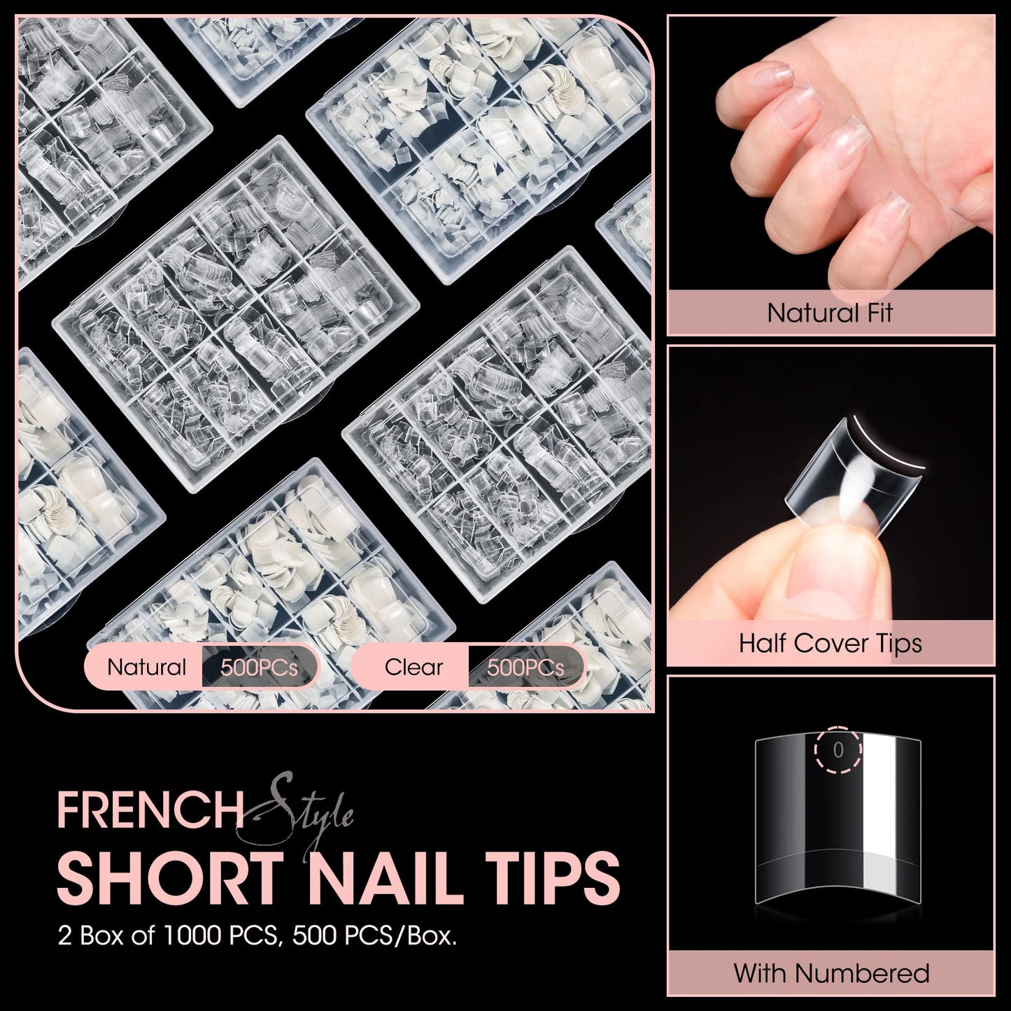 Buqikma Short Nail Tips, French Style Square, Clear+Natural 1000PCS