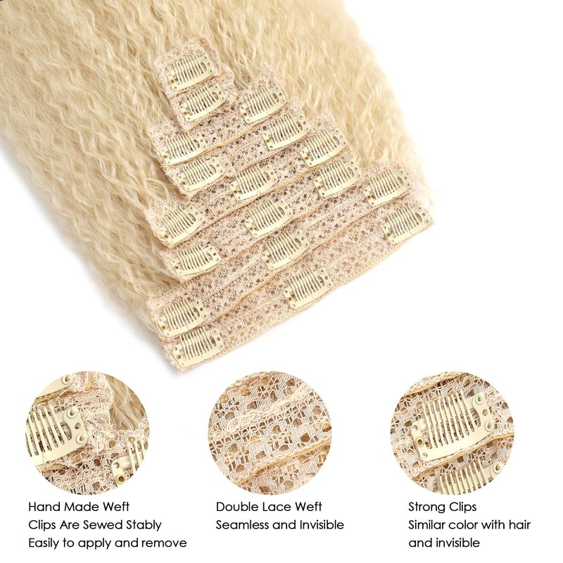 Kinky Straight Clip-In Hair Extensions - 24 Inch 200G 8PCS | 100% Pure Protein Fiber, Blonde Yaki Style