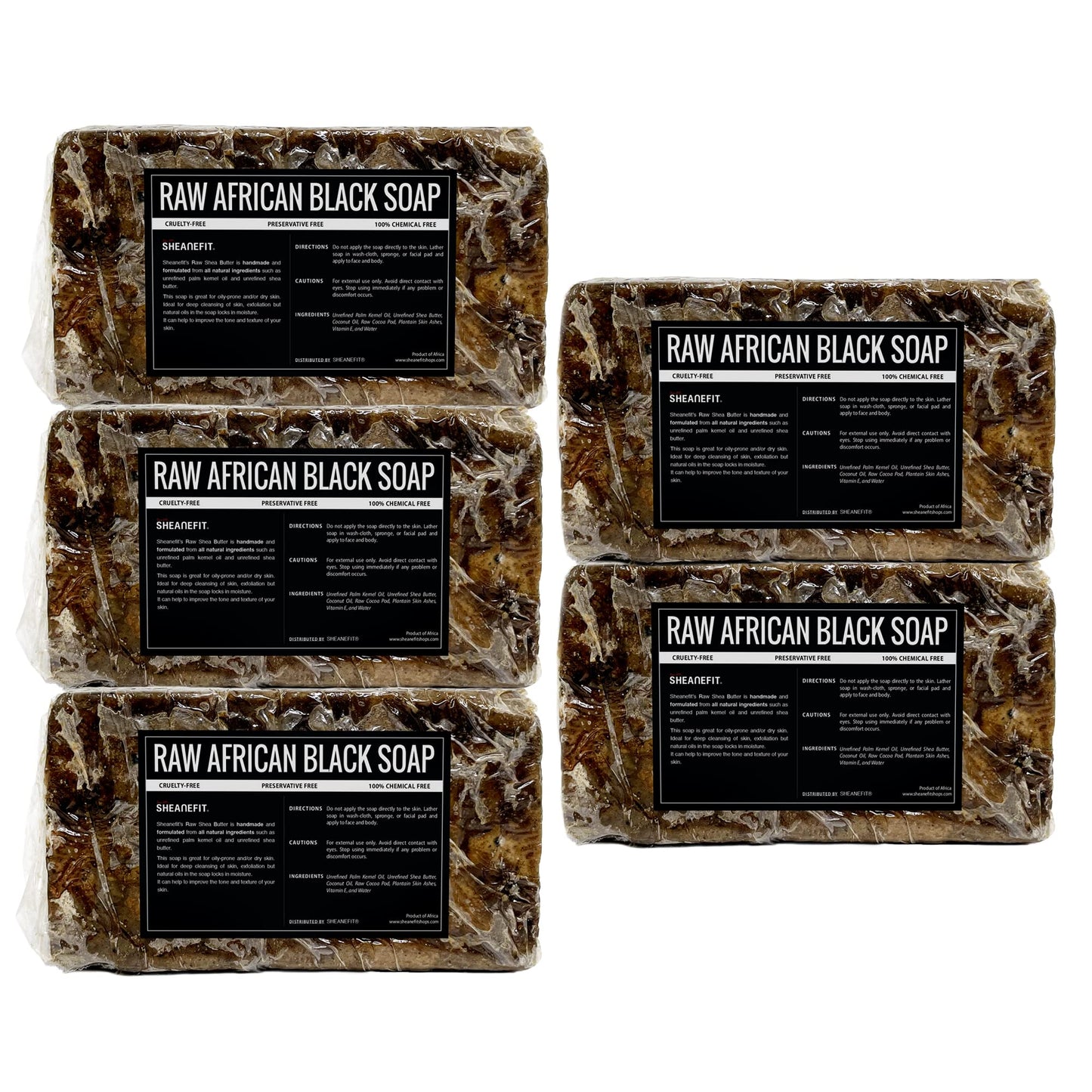 Sheanefit Raw African Black Soap Bar - For All Skin Types - Face, Body, Hair Soap Bulk Bars (15 Ounce (Pack of 5))