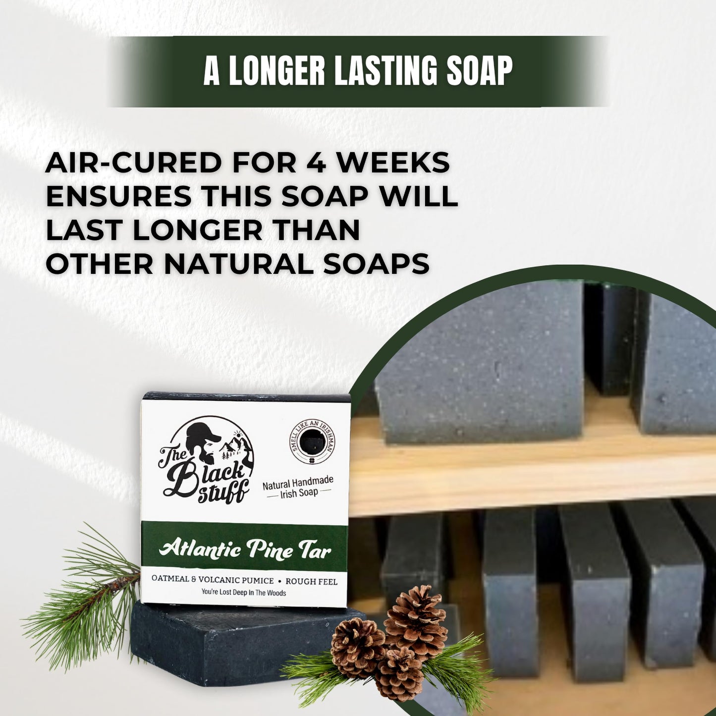 The Black Stuff All Natural Bar Soap for Men Handmade Cold Process Soaps with Organic Ingredients and Essential Oils - Mens Soap for Daily Use, Atlantic Pine Tar (3 Packs)