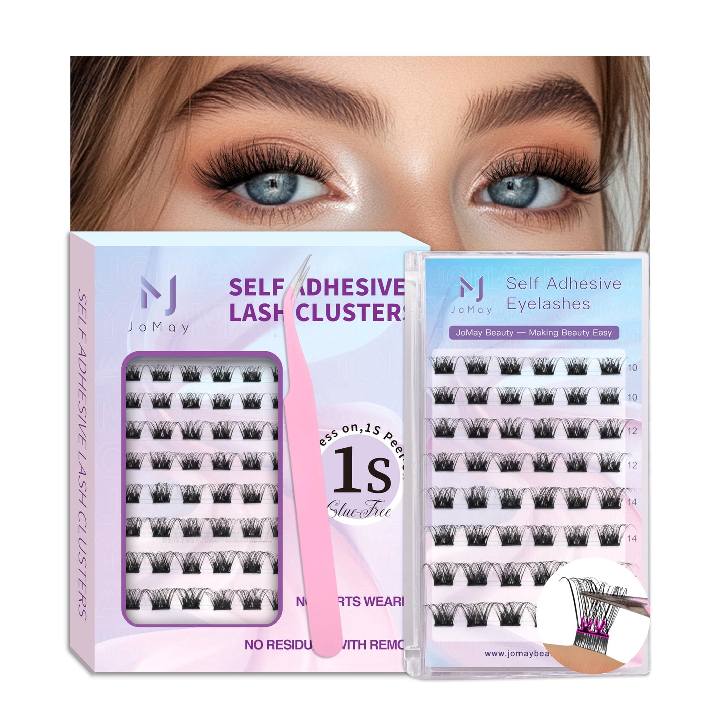 JoMay Self Adhesive Eyelashes, Press on Lashes No Glue Needed, Glueless Lashes Pre-Glued Natural Cluster Extension Kit D Curl For Beginners, No Sticky Residue 1 Step DIY 48PCS 10-16mm X01
