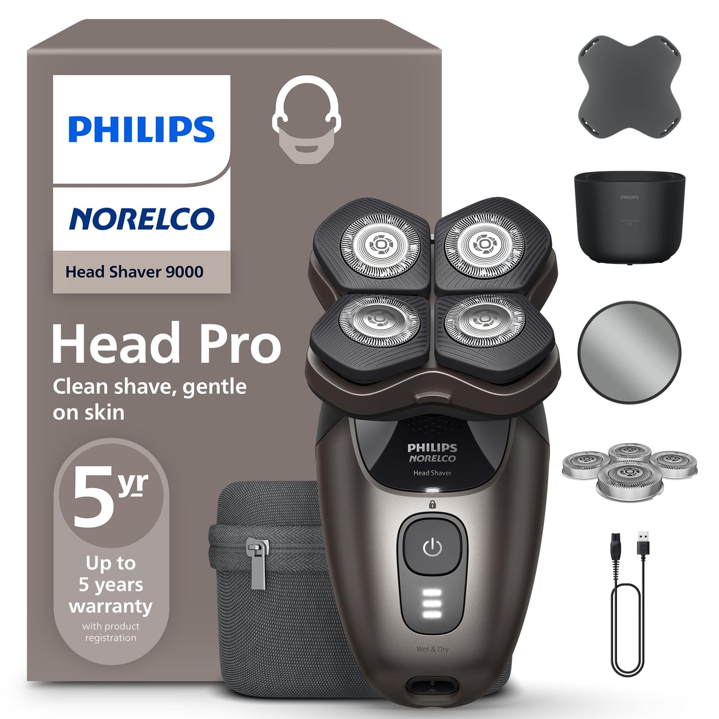 Philips Norelco Head Shaver Pro 9000 Series - Electric Shaver for Men and Women, 360° Flexing Head & ComfortCut Blades for Clean Shave, Gentle on Skin, Model HS9980/40