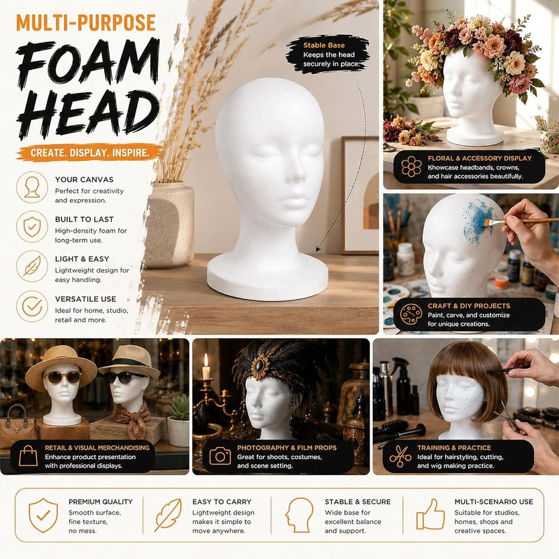 Foam Wig Head - 12-Inch Tall Female Mannequin Stand for Styling, Displaying Wigs, Hats & Masks | Perfect for Home, Salon & Travel
