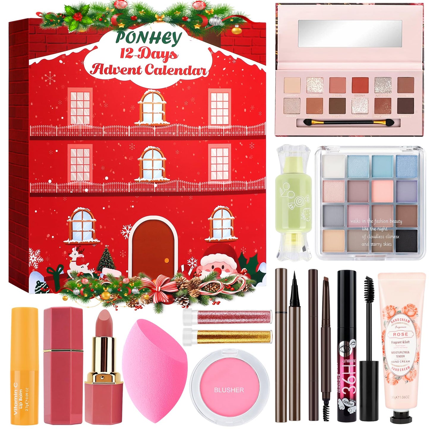 Ponhey Makeup Advent Calendar 2025,12 Days Christams Advent Beauty Calendar,Countdown Calendar For Girls Teens Women Adult,Xmas Holiday Beauty & Cosmetic Surprise Gift