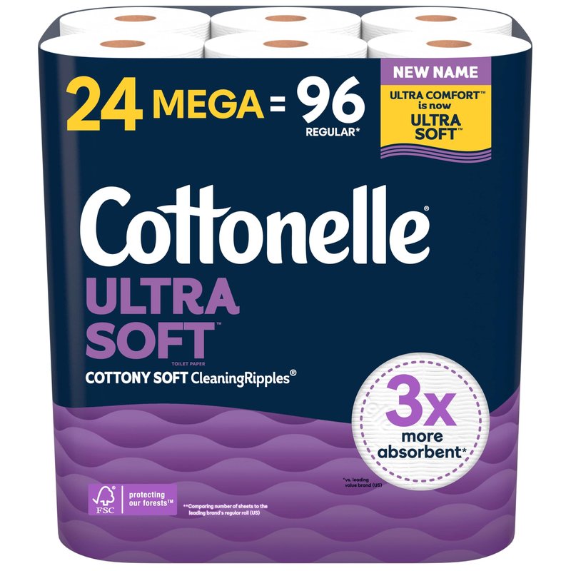 Cottonelle Ultra Soft Toilet Paper with Cushiony CleaningRipples Texture, Strong Bath Tissue, 24 Family Mega Rolls = 108 Regular Rolls (4 Packs of 6)