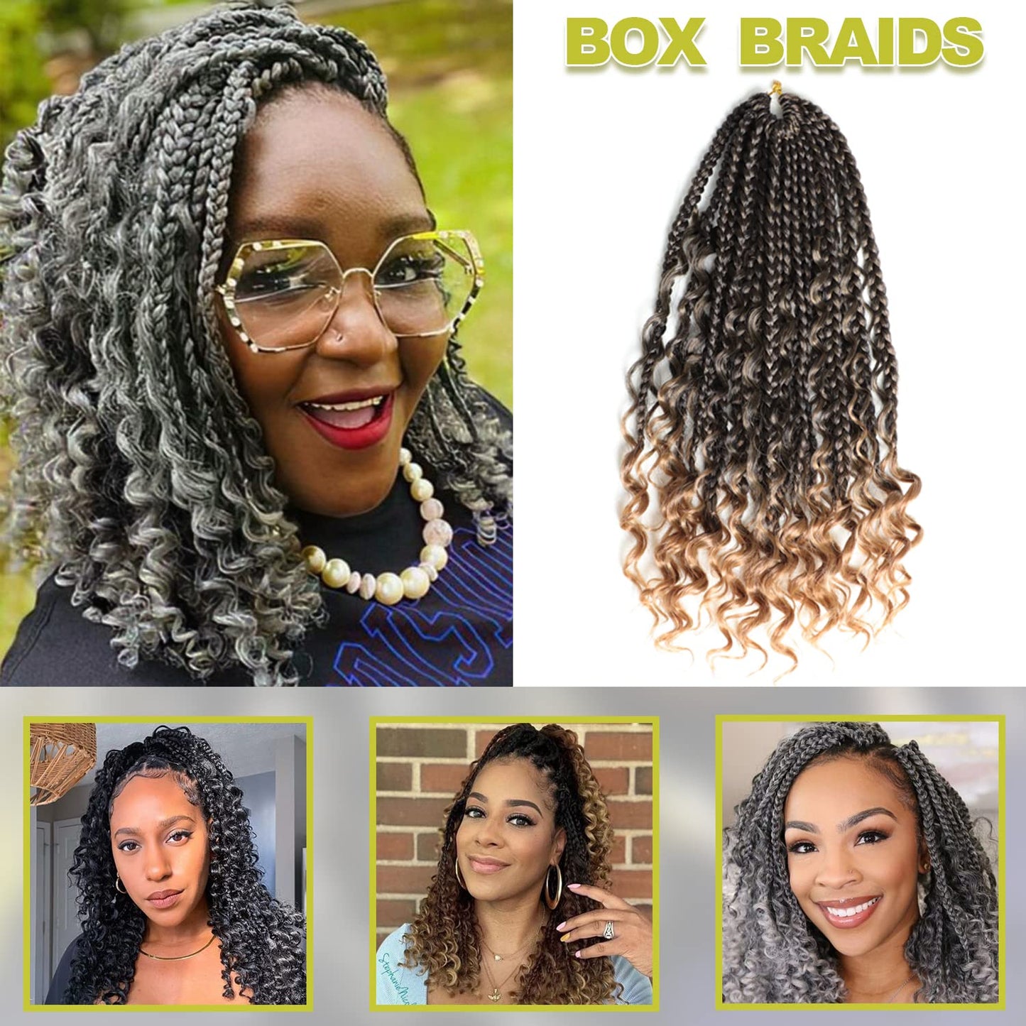 Grey Crochet Hair for Black Women 14 Inch 7 Packs Boho Box Braids Pre Twisted Twist Synthetic Crochet Hair with Curly Ends Goddess Braiding Hair(14 Inch, 7Packs, Gray)