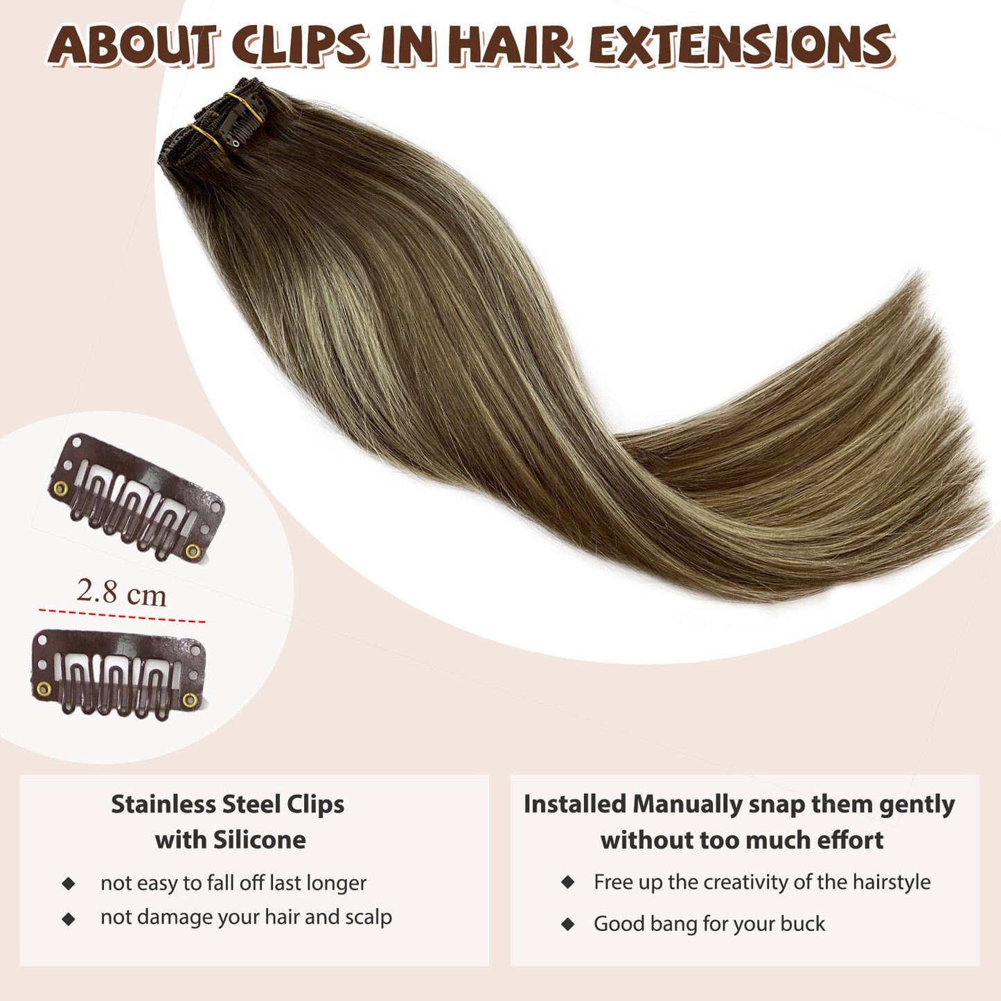 Clip in Hair Extensions Real Human Hair 16 inch Ombre Brown Mixed Honey Blonde Highlight Long Seamless Clip in Hair Extensions for Women Clip in 70G